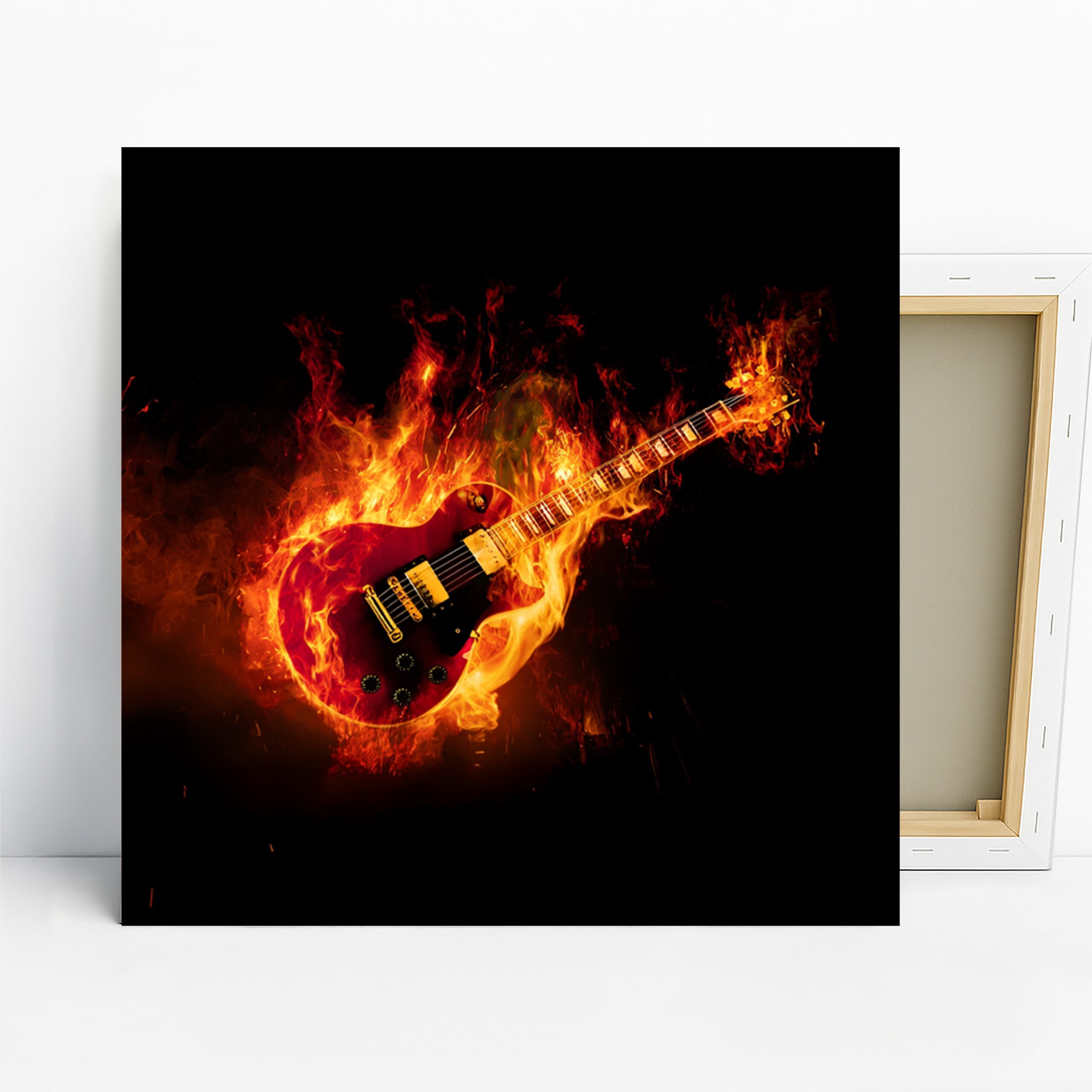 Flaming Guitar Art, Canvas or Poster, Contemporary Modern Decor, Living Room Home Theater Game Room Wall Art, Red Orange Yellow Black