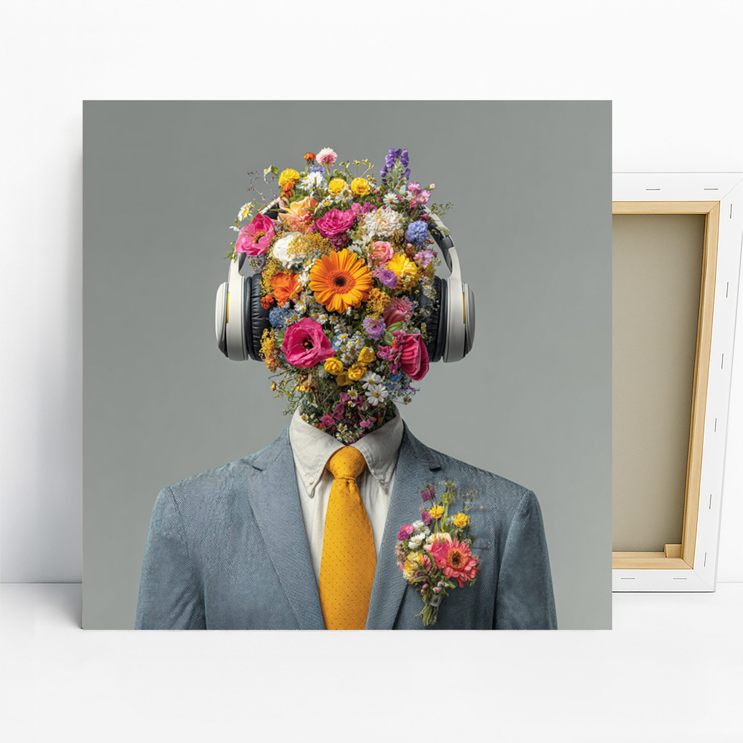 Floral Headphones Art, Canvas or Poster, Contemporary Decor, Office Living Room Bedroom Dining Room Wall Art, Multicolor Yellow Pink Orange