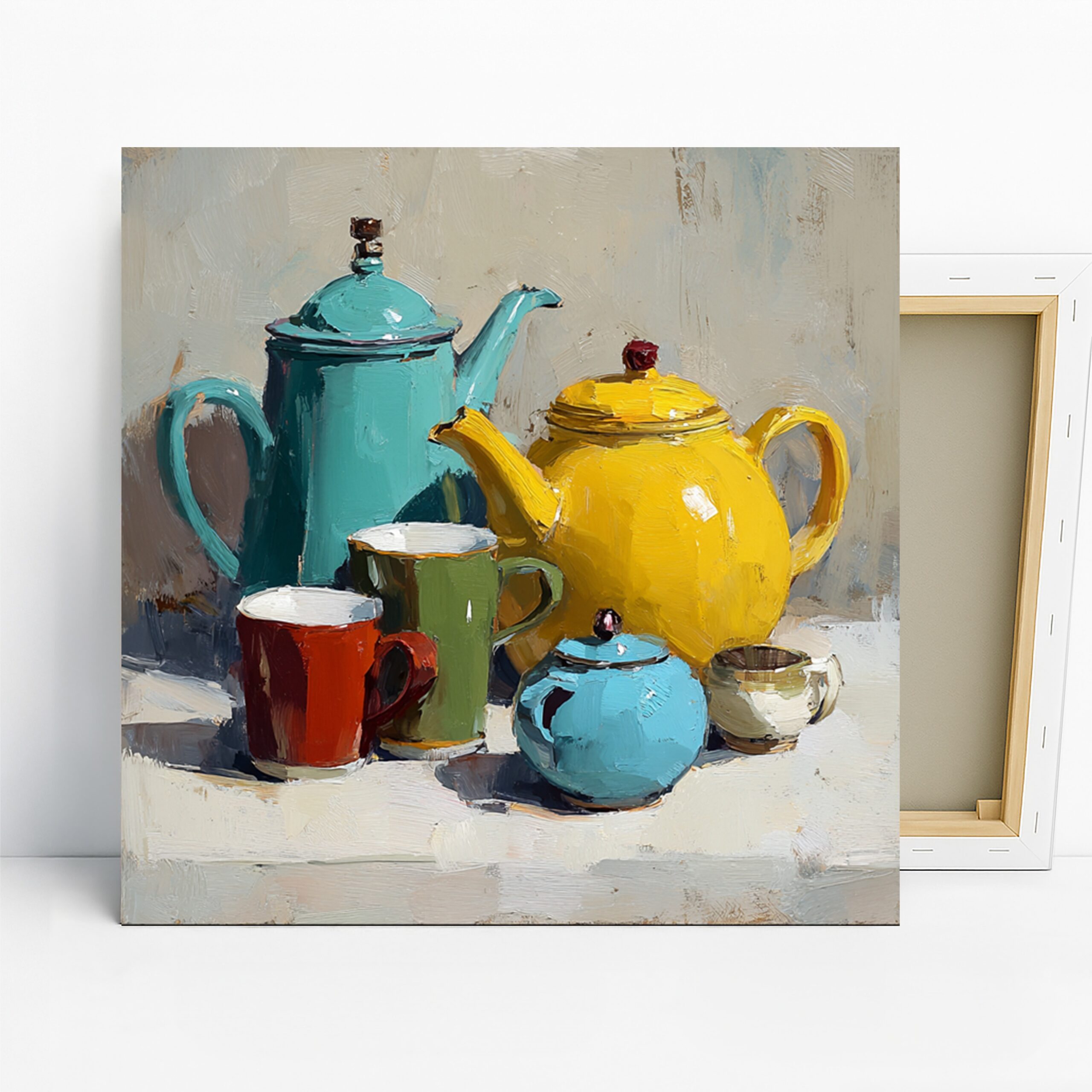 Colorful Teapot Art, Canvas or Poster, Still Life Modern Decor, Kitchen Dining Room Living Room Office Wall Art, Yellow Teal Red Green