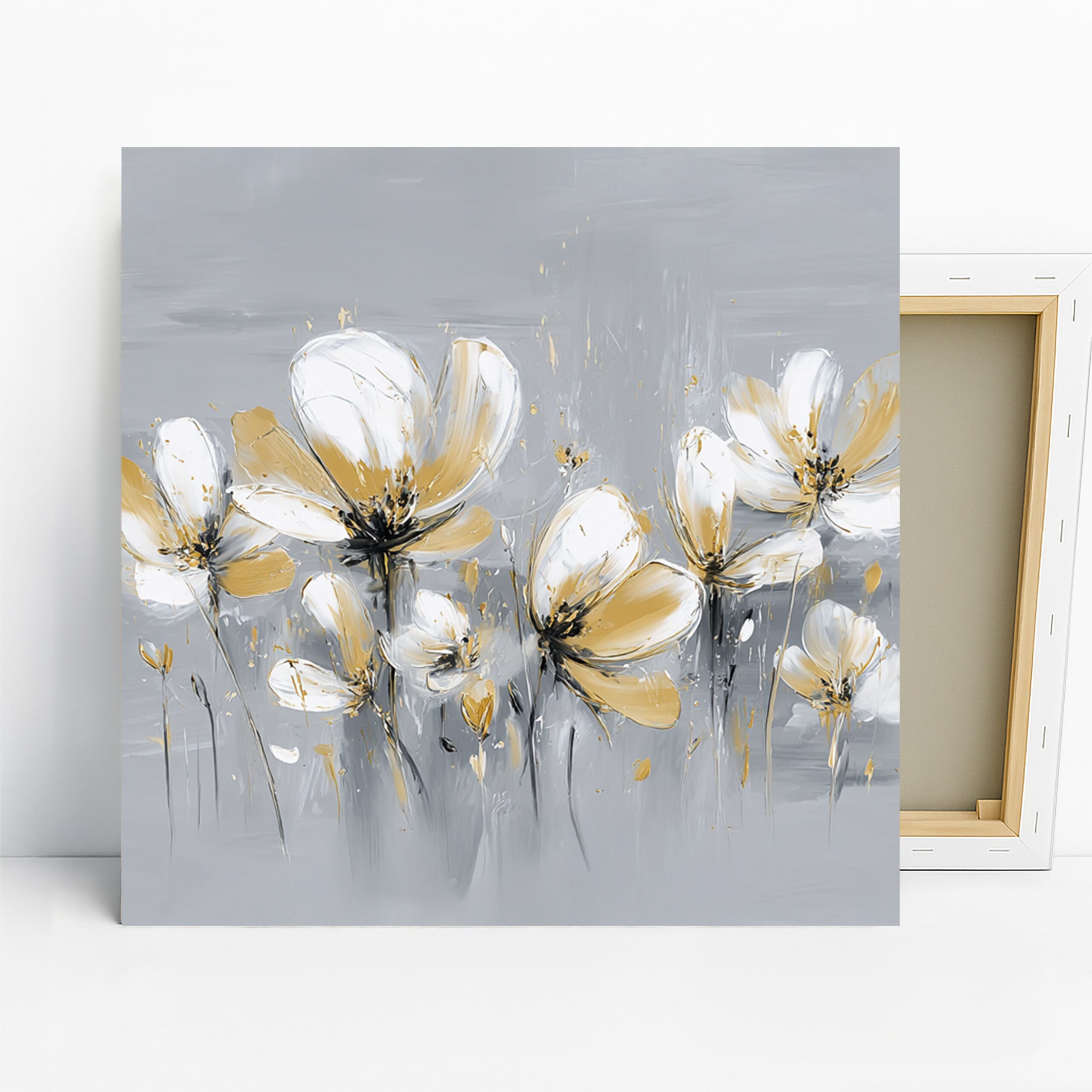 Golden Bloom Art, Canvas or Poster, Floral Contemporary Decor, Living Room Bedroom Office Wall Art, White Gold Grey, Modern Minimalist Decor