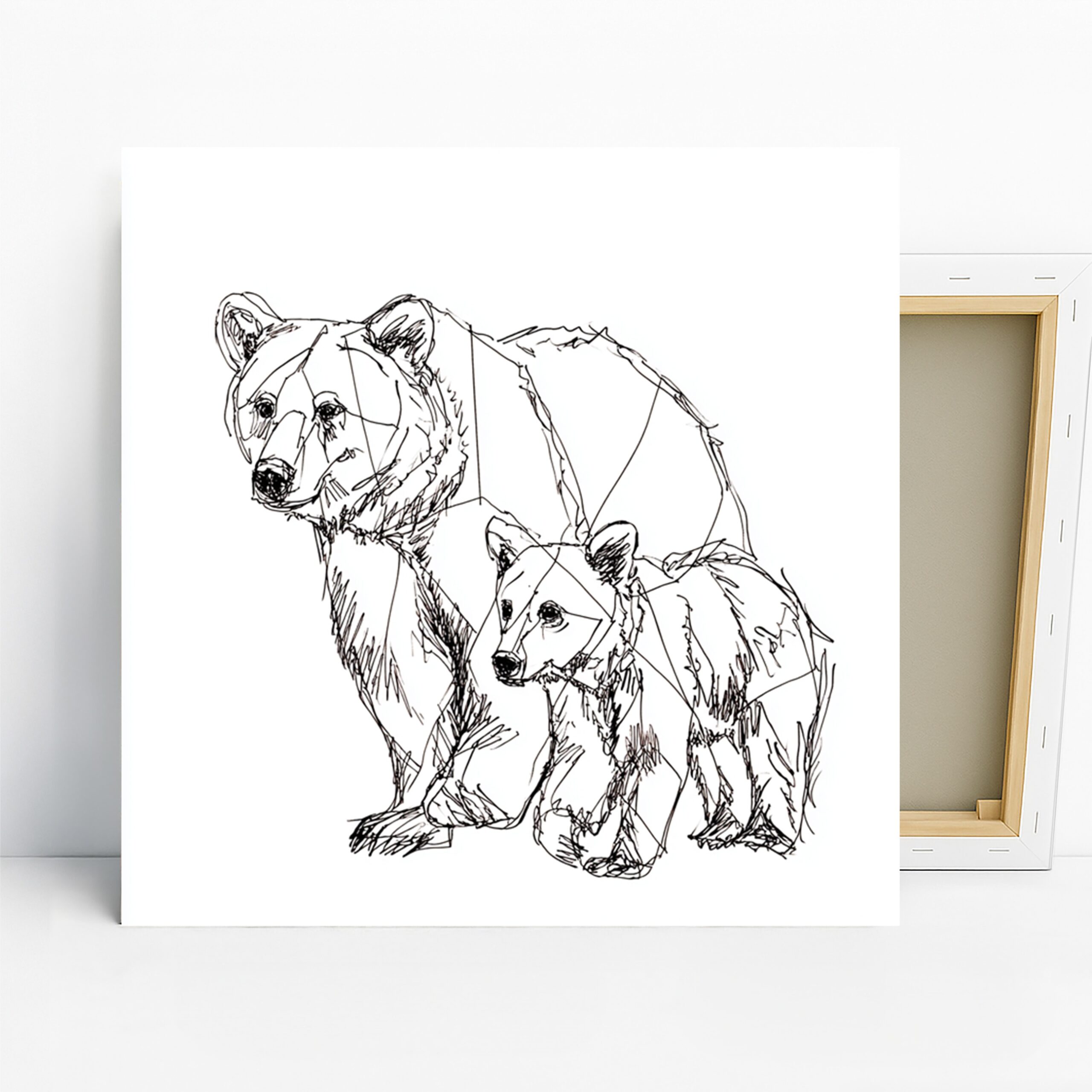 Bear and Cub Sketch Art, Canvas or Poster, Contemporary Rustic Decor, Living Room Office Bedroom Wall Art, Black White Brown