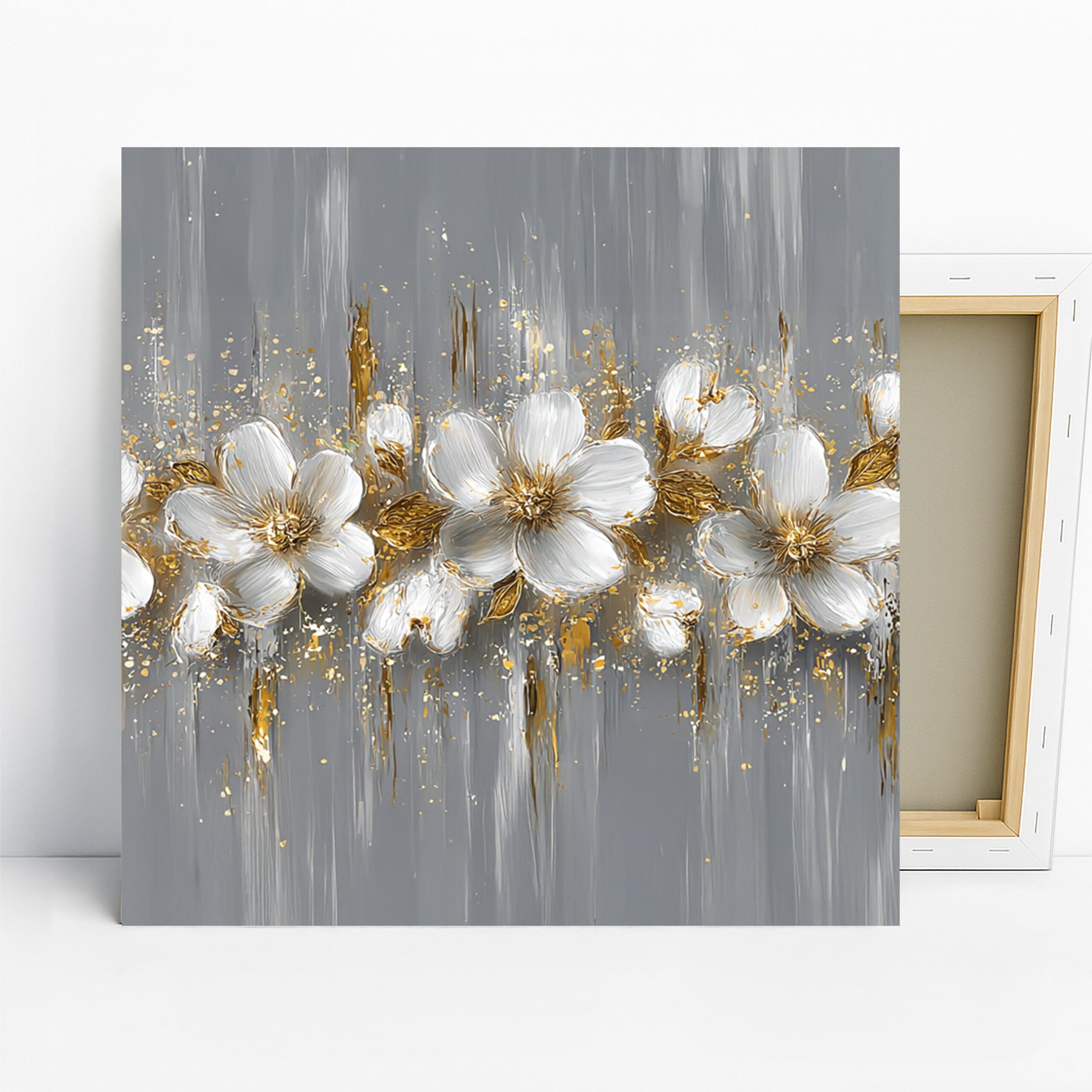 Elegant White Blossoms Art, Canvas or Poster, Floral Contemporary Decor, Living Room Bedroom Office Wall Art, White Gold Grey Colors