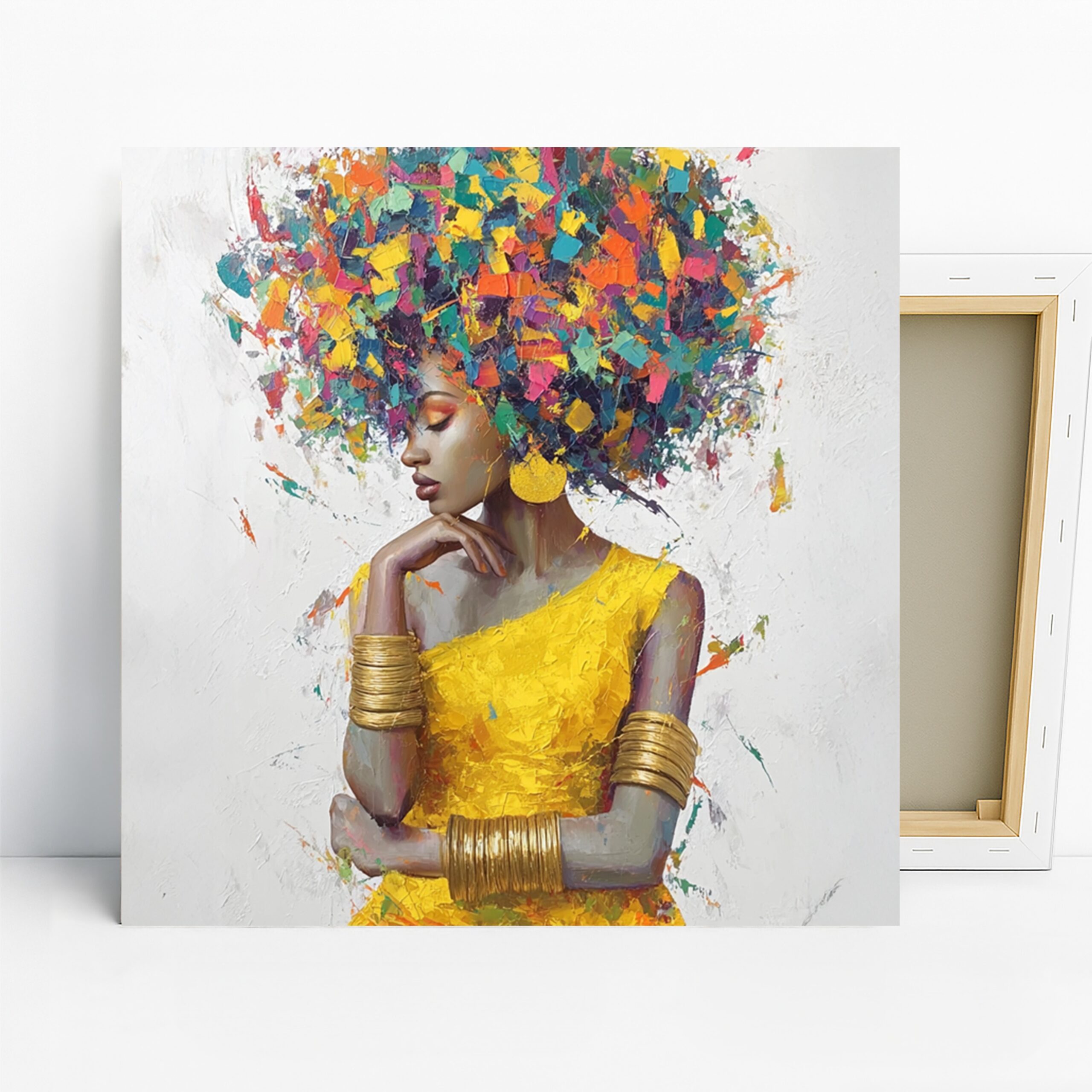 Vibrant Afro Portrait Art, Canvas or Poster, Contemporary Abstract Decor, Living Room Bedroom Office Wall Art, Yellow Gold Teal Multicolor