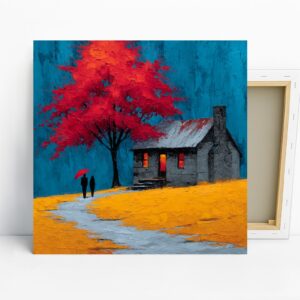 Vibrant Red Tree House Art