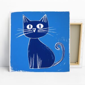 Blue Cat Art, Canvas or Poster, Whimsical Moder...