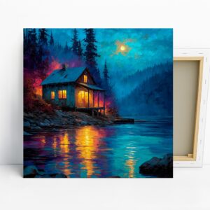 Moonlit Cabin Lake Art, Canvas or Poster, Nature Coastal Rustic Decor, Living Room Bedroom Dining Room Wall Art,Blue Yellow Orange Turquoise