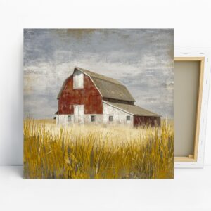 Red Barn Art, Canvas or Poster, Vintage Rustic Nature Decor, Living Room Dining Room Office Wall Art, Red White Yellow and Brown