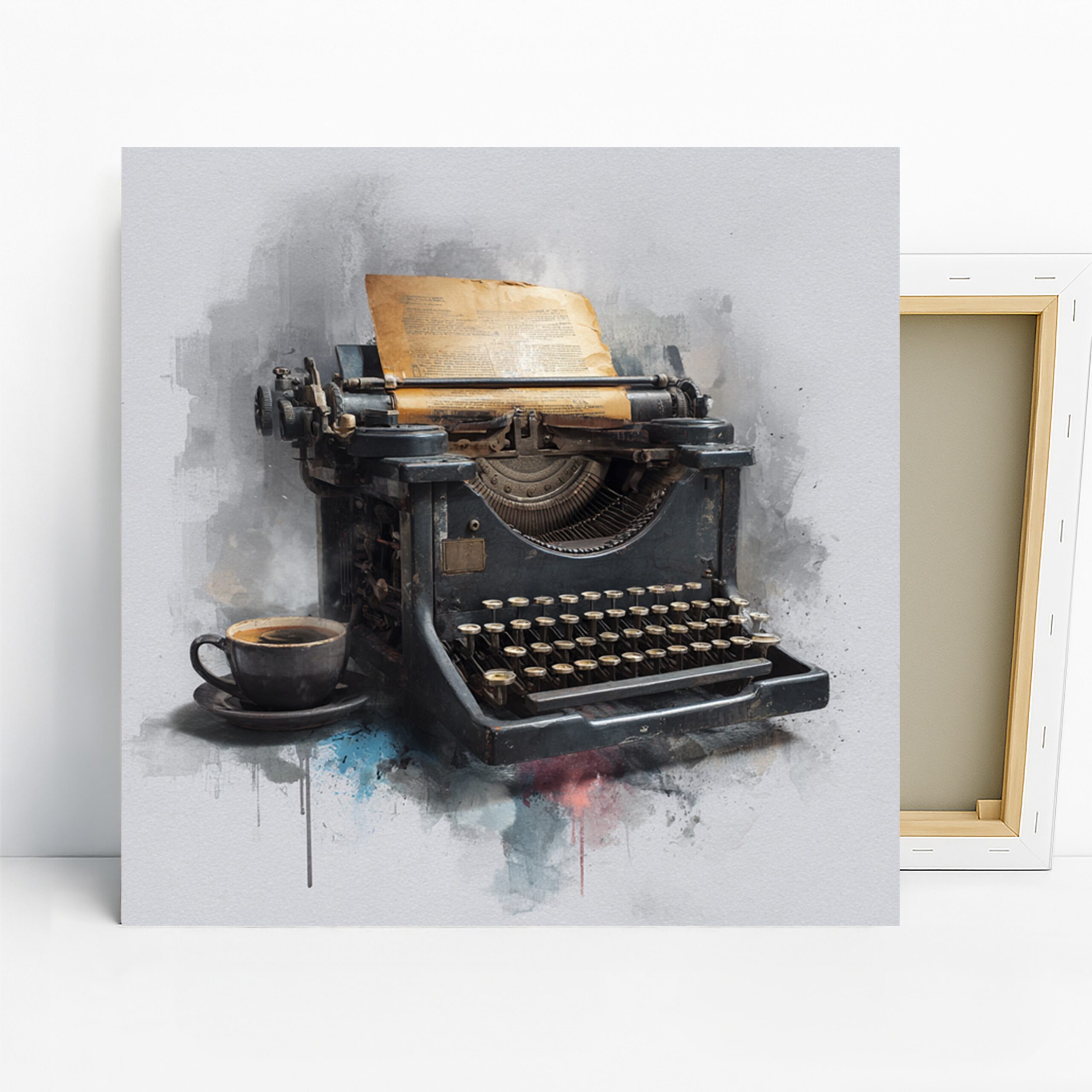 Vintage Typewriter Coffee Art, Canvas or Poster, Rustic Mid-Century Modern Decor, Office Library Living Room Wall Art,Brown Black Beige Gray