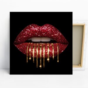 Glamorous Lips Art, Canvas or Poster, Pop Art Modern Decor, Living Room Bedroom Bathroom Wall Art, Red Gold Black and White
