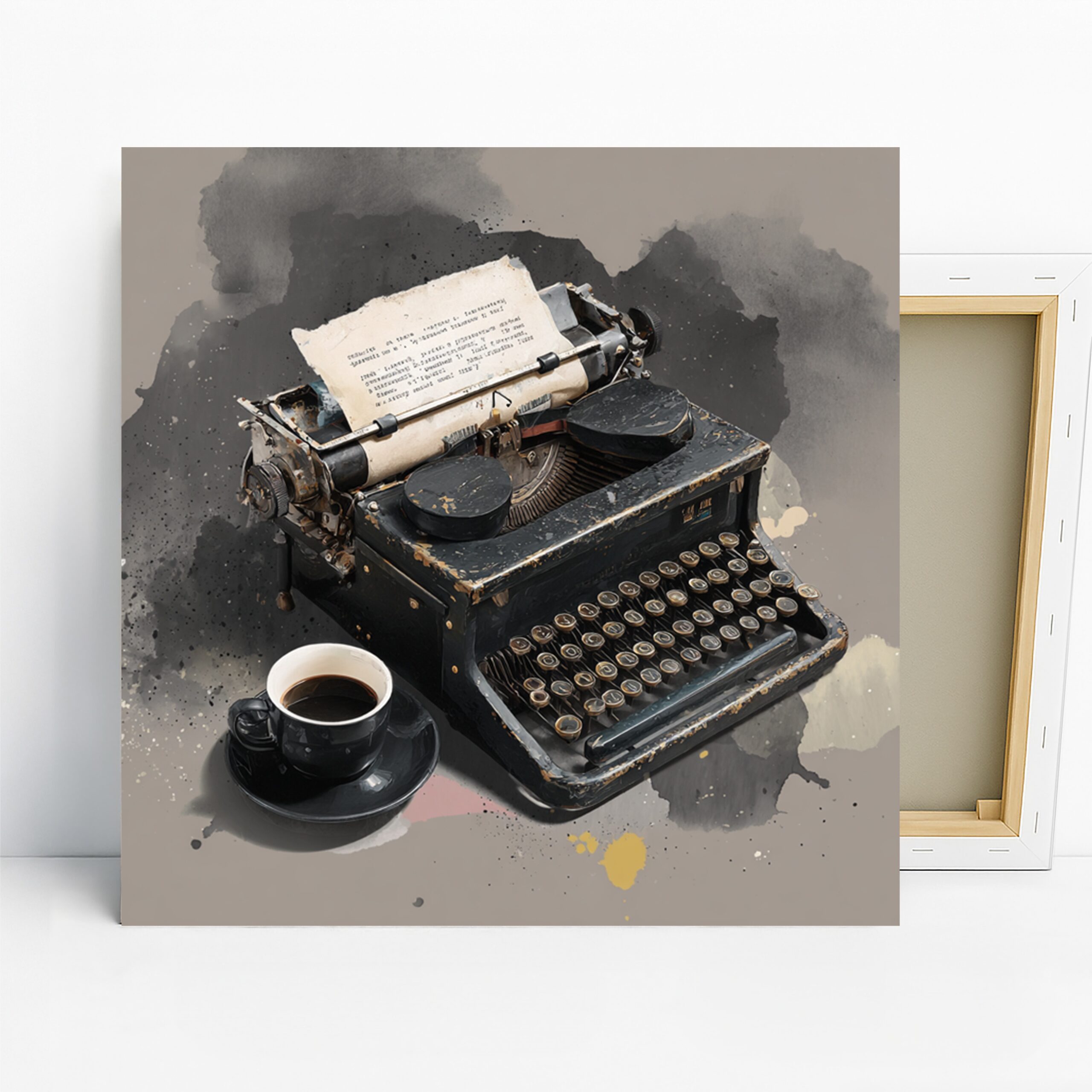 Vintage Typewriter Coffee Art, Canvas or Poster, Rustic Traditional Decor, Office Library Living Room Wall Art, Black Brown Grey