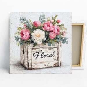 Rustic Floral Box Art, Canvas or Poster, Vintage Farmhouse Decor, Living Room Bedroom Dining Room Wall Art, Pink Green White Brown