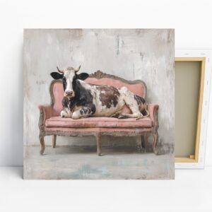 Cow on Pink Couch Art, Canvas or Poster, Whimsi...