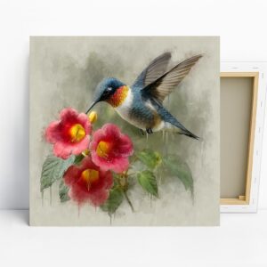 Hummingbird Flower Art, Canvas or Poster, Natur...