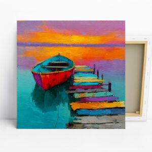 Vibrant Sunset Boat Art, Canvas or Poster, Impr...