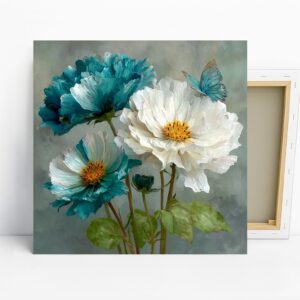 Teal Peony Butterfly Art, Canvas or Poster, Flo...