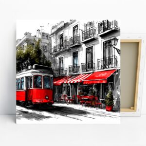 Red Tram City Scene Art, Canvas or Poster, Vint...