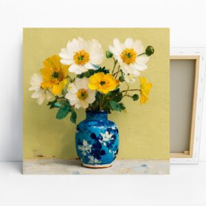 Sunshine Blooms Vase Art, Canvas or Poster, Floral Impressionism Decor, Living Room Dining Room Bedroom Wall Art, Yellow White Blue Green