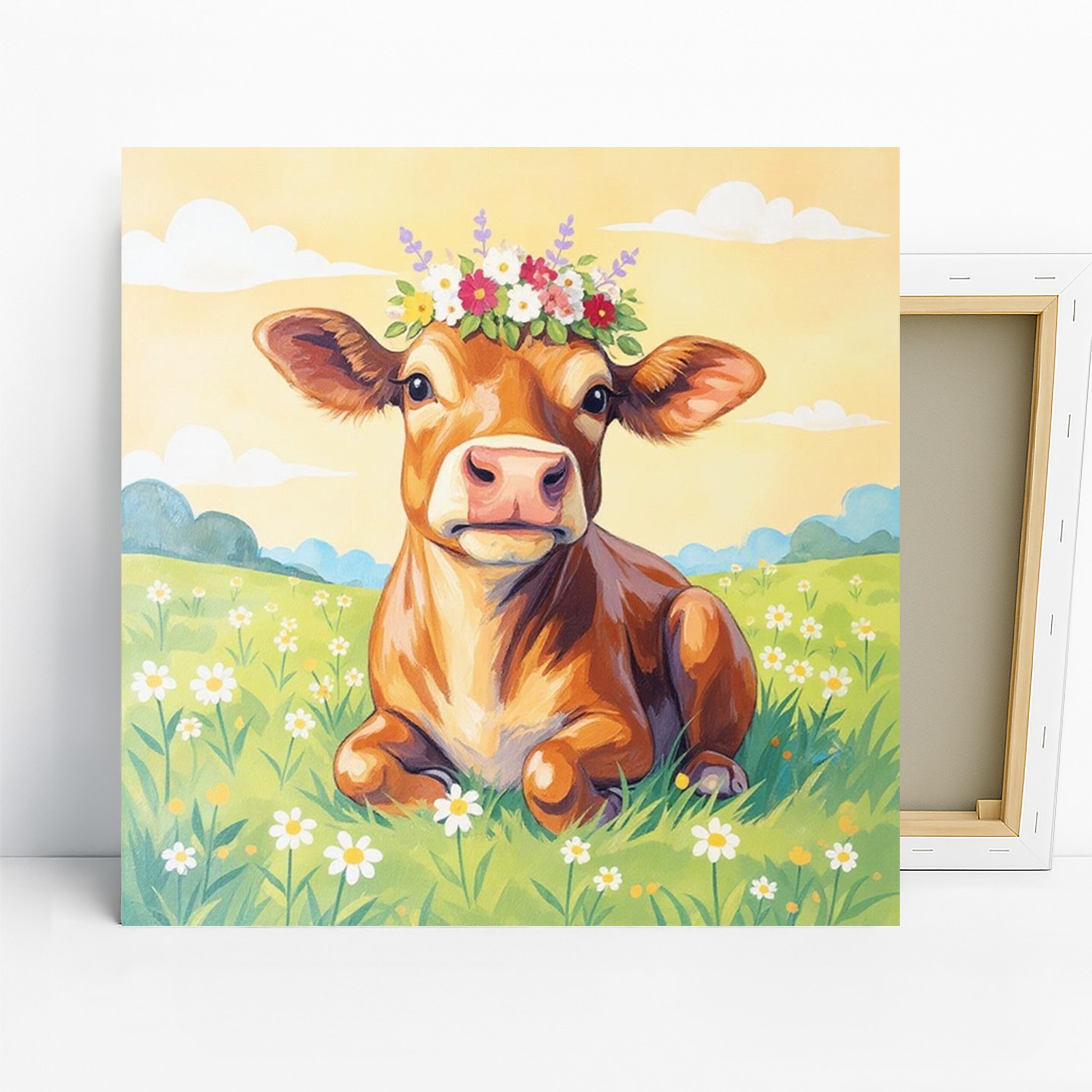 Cow Flower Crown Art, Canvas or Poster, Farmhouse Decor, Living Room Bedroom Children's Room Kitchen Wall Art, Brown Green Yellow White