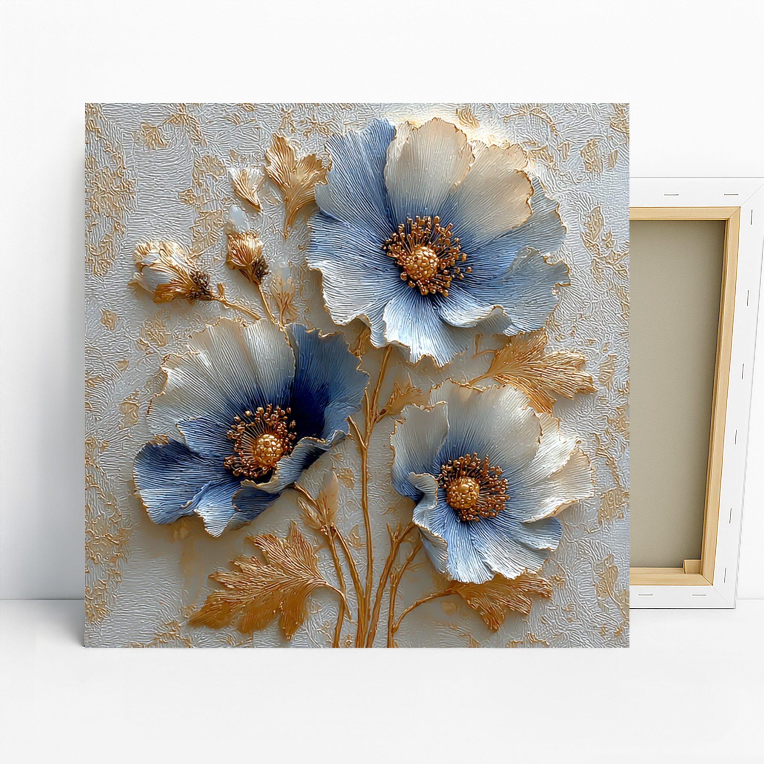 Blue Poppy Art, Canvas or Poster, Floral Contemporary Decor, Living Room Bedroom Office Wall Art, Blue Gold White, Minimalist Home Decor
