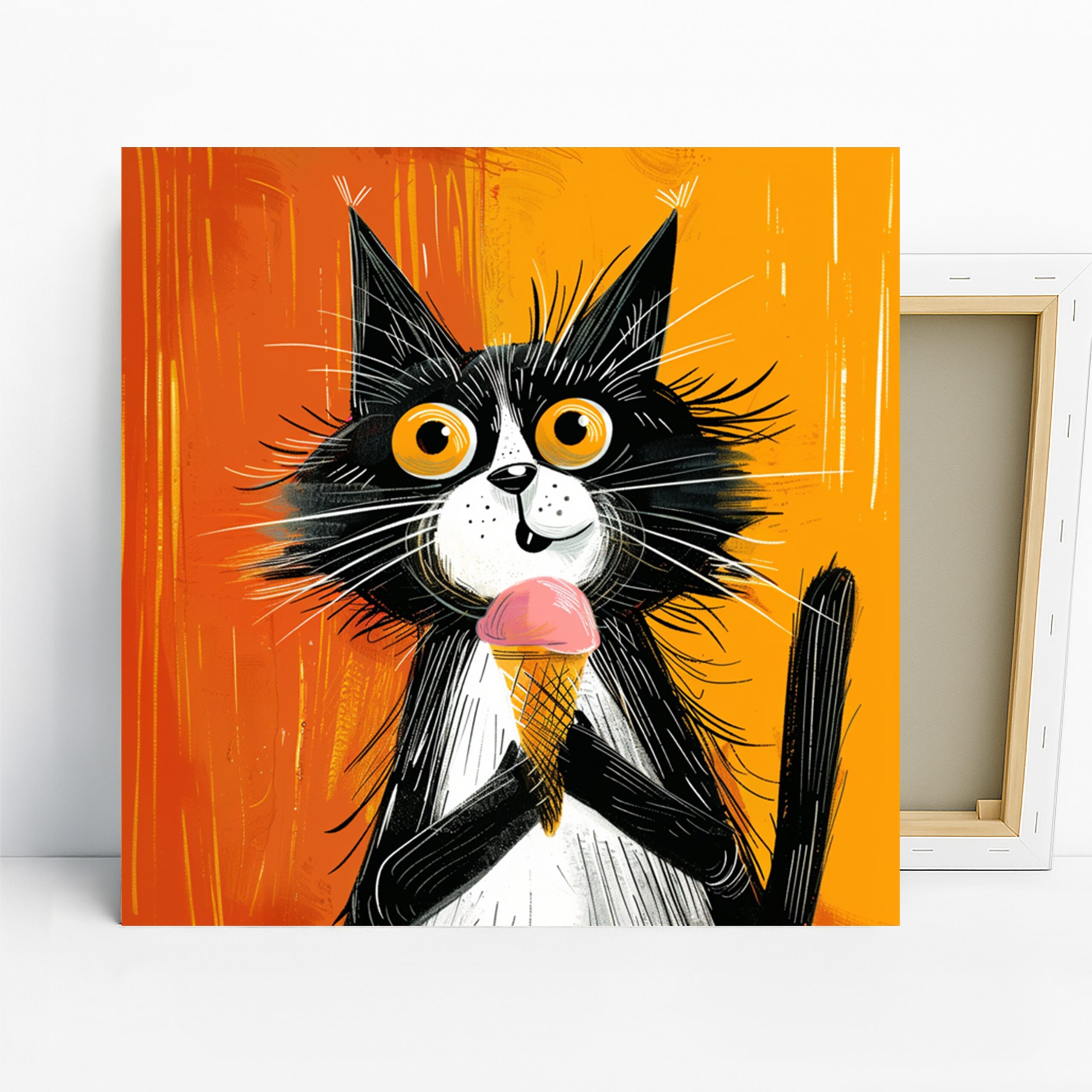 Cat Art, Canvas or Poster, Whimsical Modern Decor, Living Room Kitchen Children's Room Wall Art, Black White Orange Pink