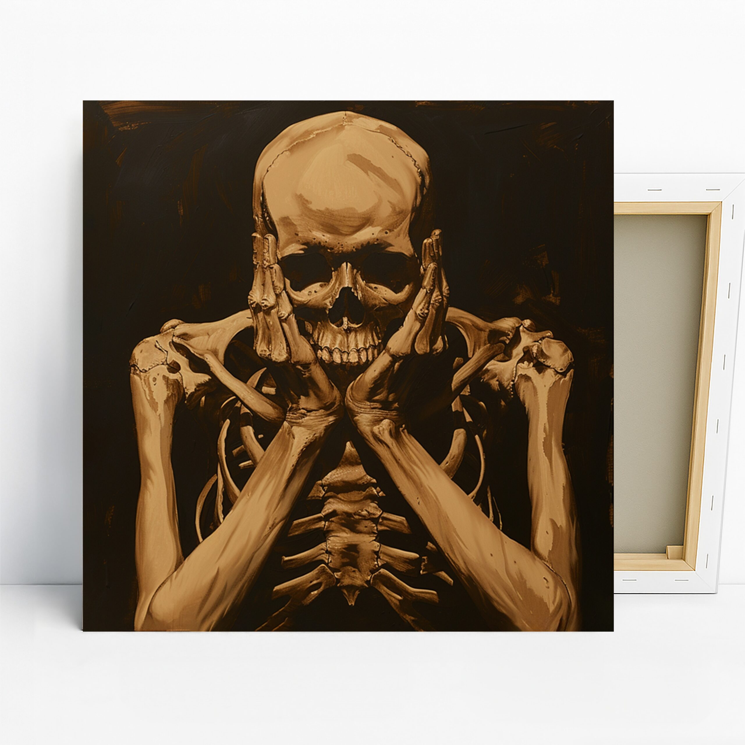 Skeletal Contemplation Art, Canvas or Poster, Gothic Modern Minimalist Decor, Office Living Room Game Room Wall Art, Brown Black Beige