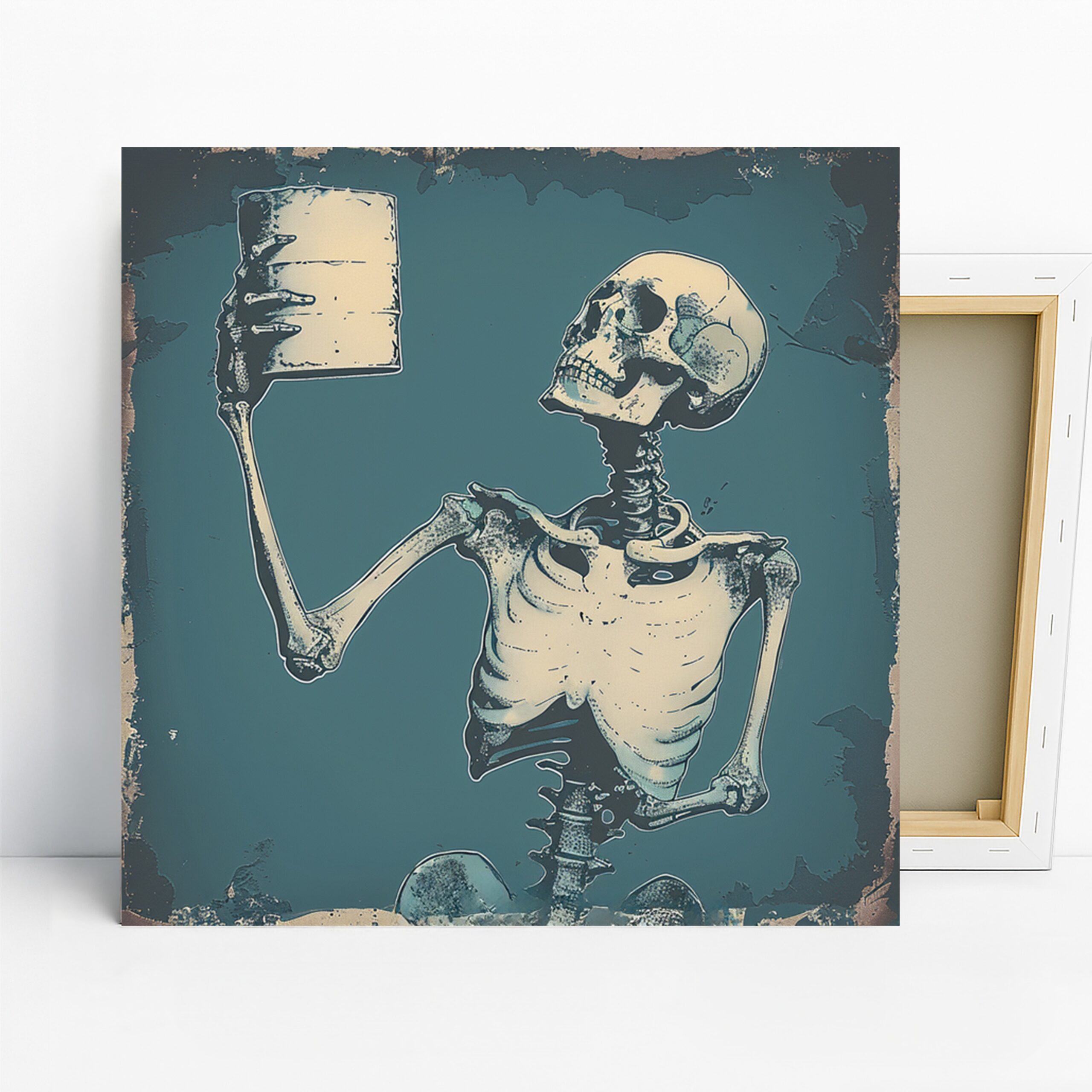 Skeletal Social Media Critic Art, Canvas or Poster, Vintage Contemporary Gothic Decor, Office Game Room Wall Art, Teal Beige Black White