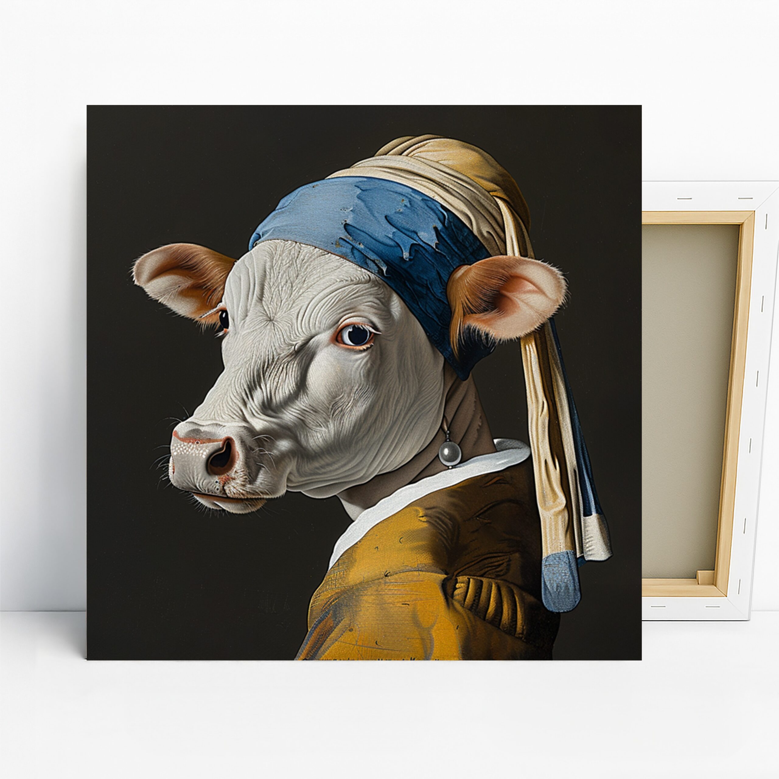 Cow with Pearl Earring Art, Canvas or Poster, Whimsical Farmhouse Decor, Living Room Dining Room Kitchen Wall Art, Blue White Yellow Brown