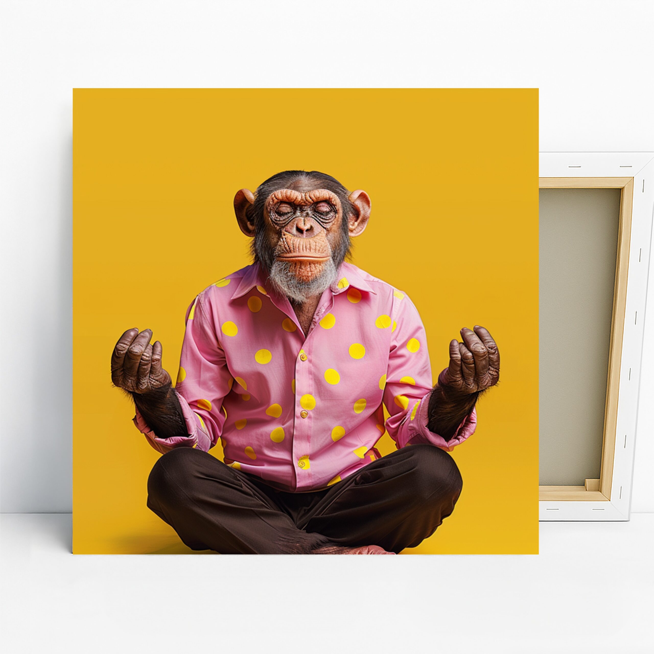 Meditating Chimp Art, Canvas or Poster, Whimsical Contemporary Decor, Living Room Office Bedroom Game Room Wall Art, Pink Yellow Brown Black
