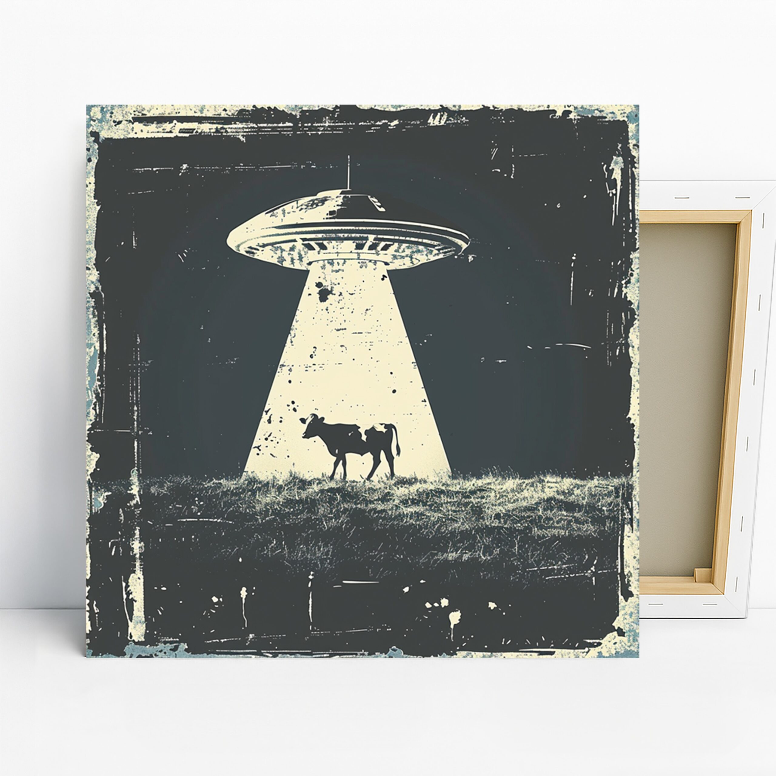 UFO Cow Abduction Art, Canvas or Poster, Retro Whimsical Decor, Living Room Office Game Room Wall Art, Black White Green Blue