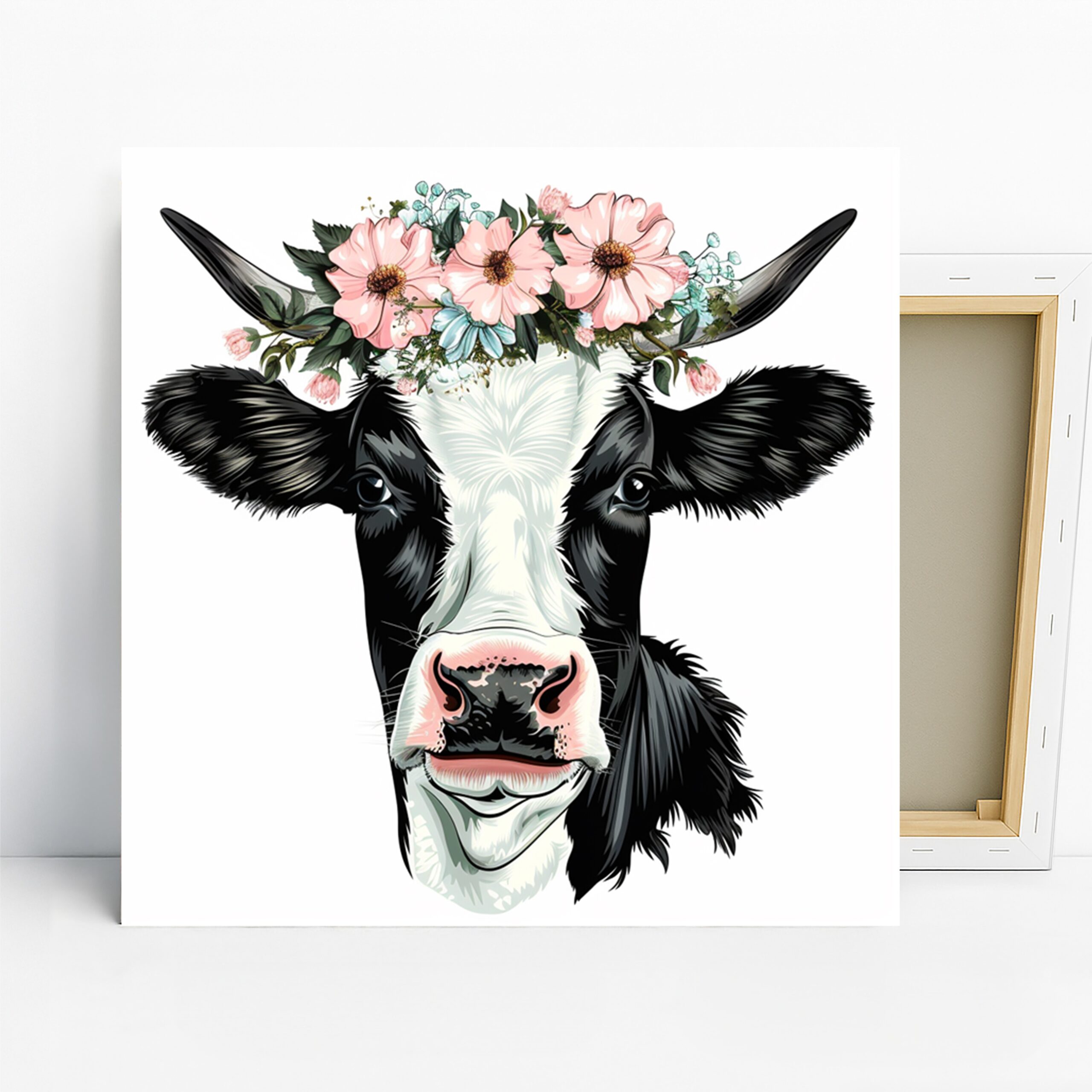 Cow Art, Canvas or Poster, Animal Floral Contemporary Decor, Living Room Bedroom Kitchen Wall Art, Black White Pink Green