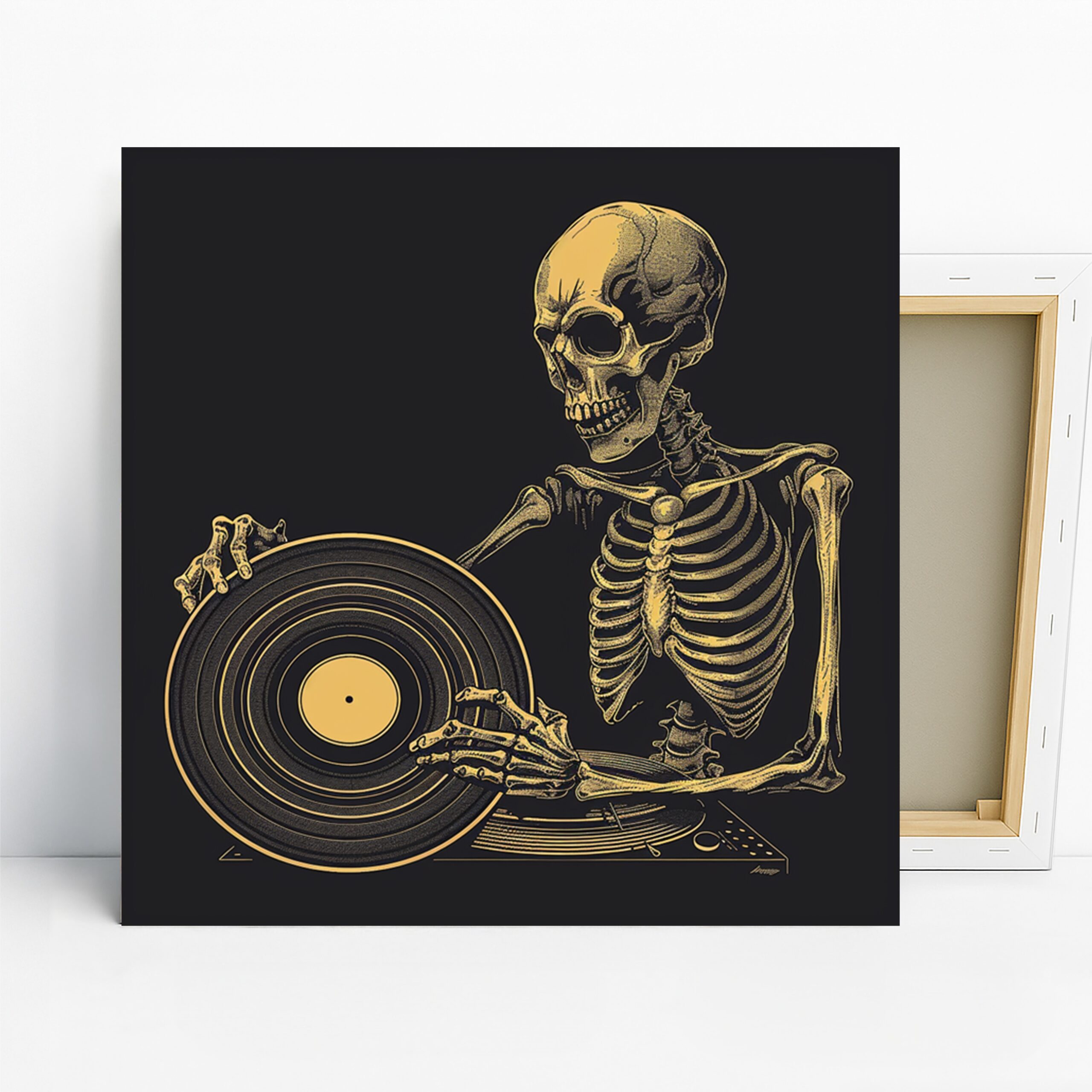 Skeletal DJ Art, Canvas or Poster, Music Retro Decor, Game Room Home Office Living Room Wall Art, Gold Black Yellow, Modern Contemporary