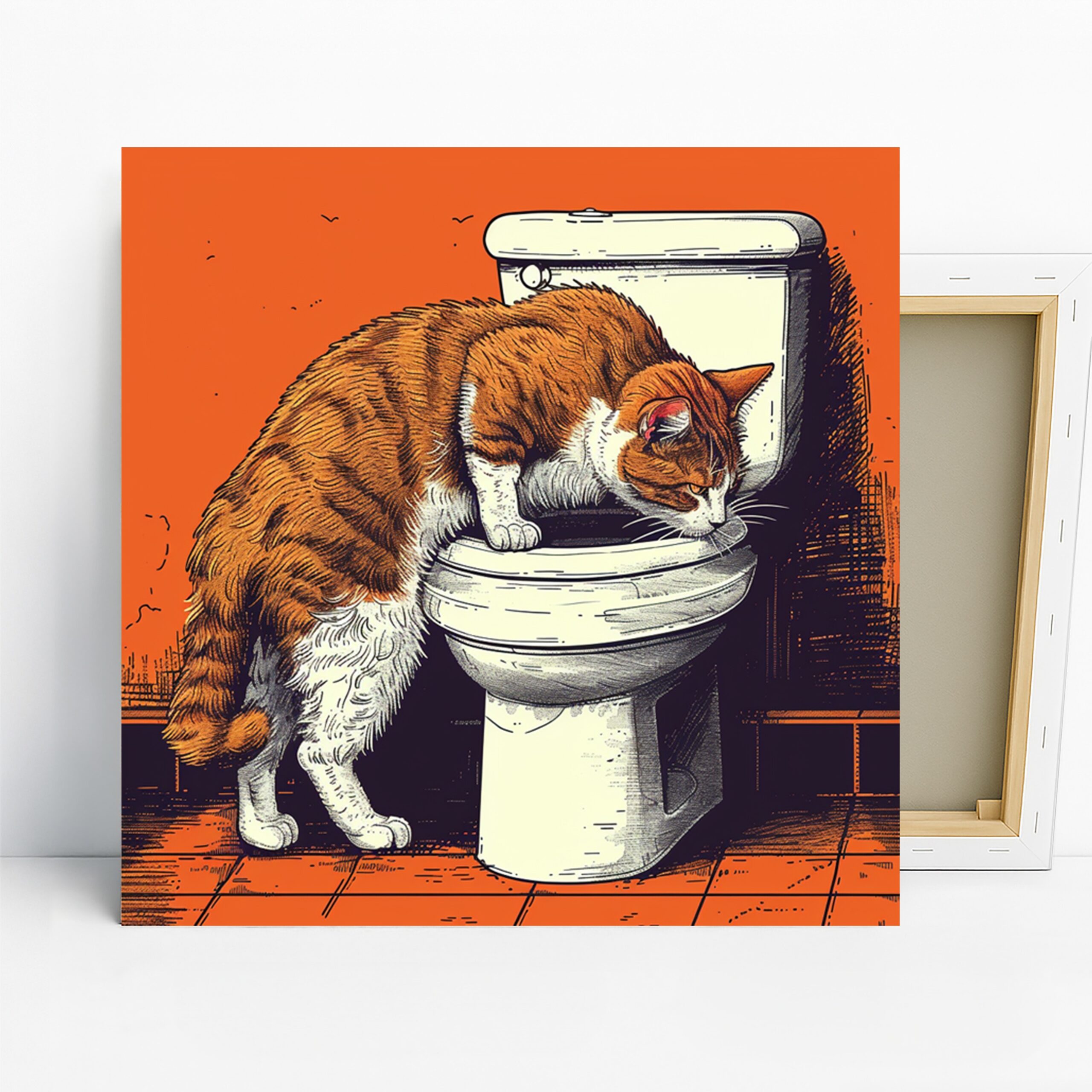 Cat Toilet Art, Canvas or Poster, Whimsical Modern Decor, Bathroom Laundry Room Children's Room Office Wall Art, Orange White Brown Black