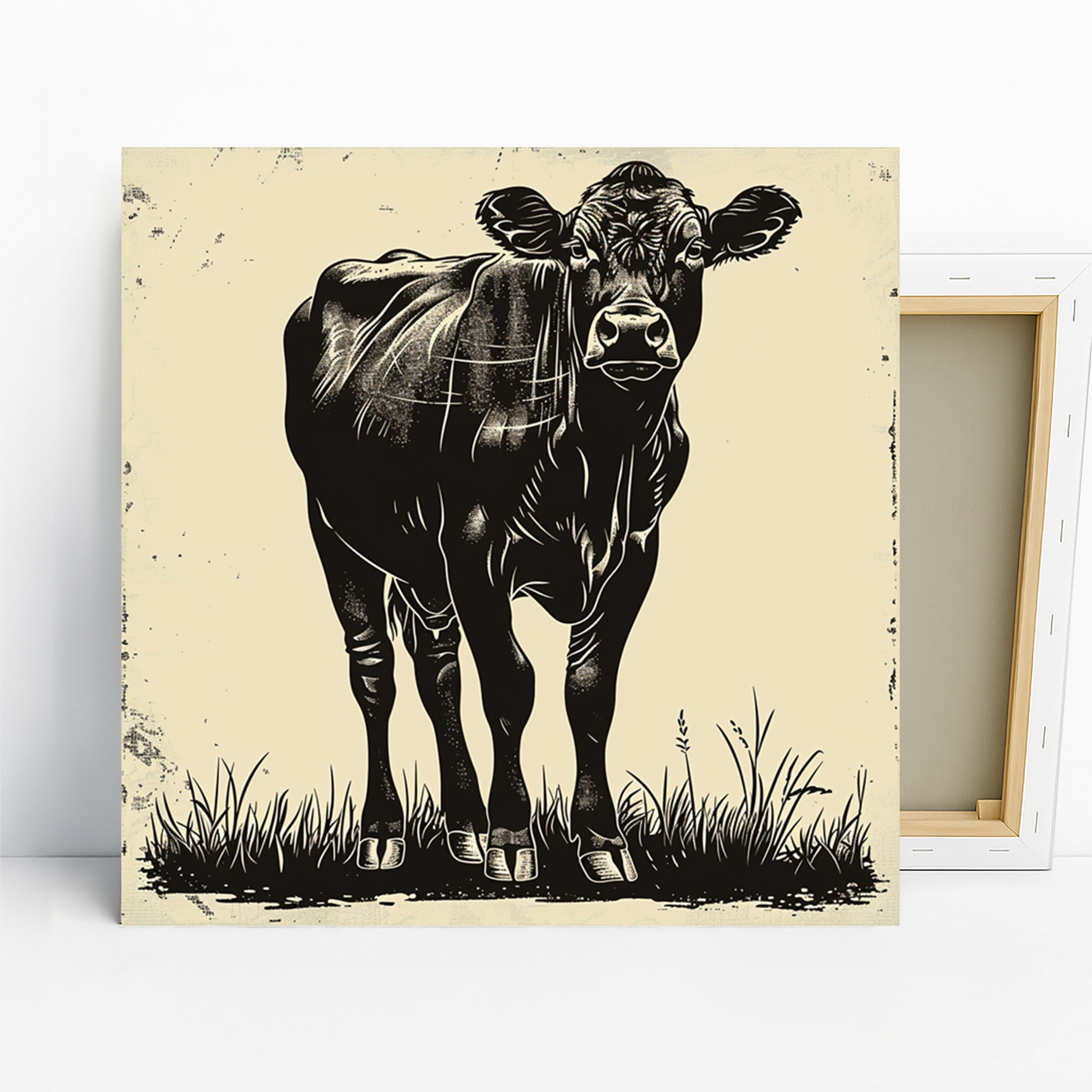 Cow Art, Canvas or Poster, Vintage Rustic Farmhouse Decor, Kitchen Dining Living Room Wall Art, Black White Beige Colors