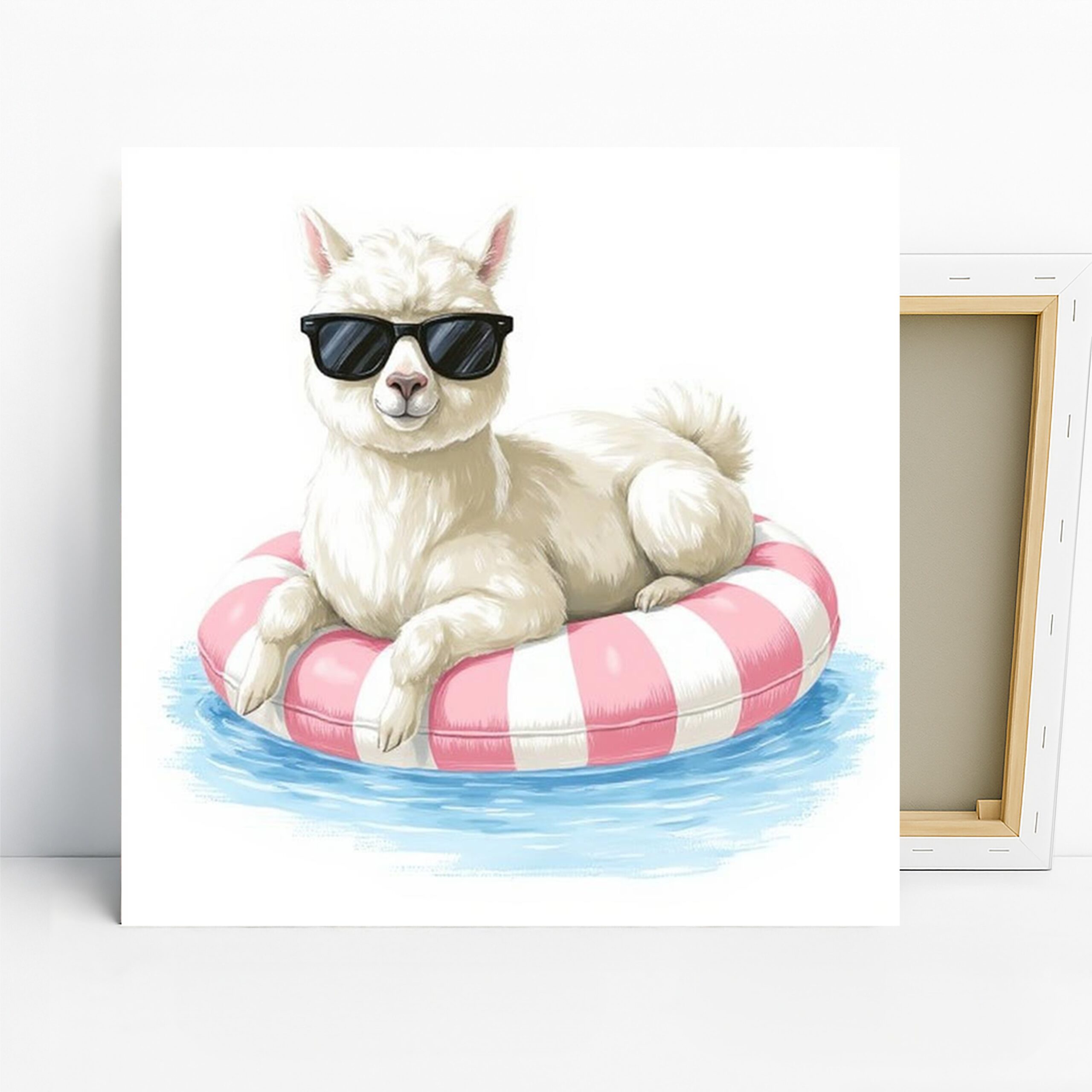 Alpaca Float Art, Canvas or Poster, Whimsical Coastal Decor, Bedroom Living Room Bathroom Wall Art, White Pink Blue Black, Fun Animal Print