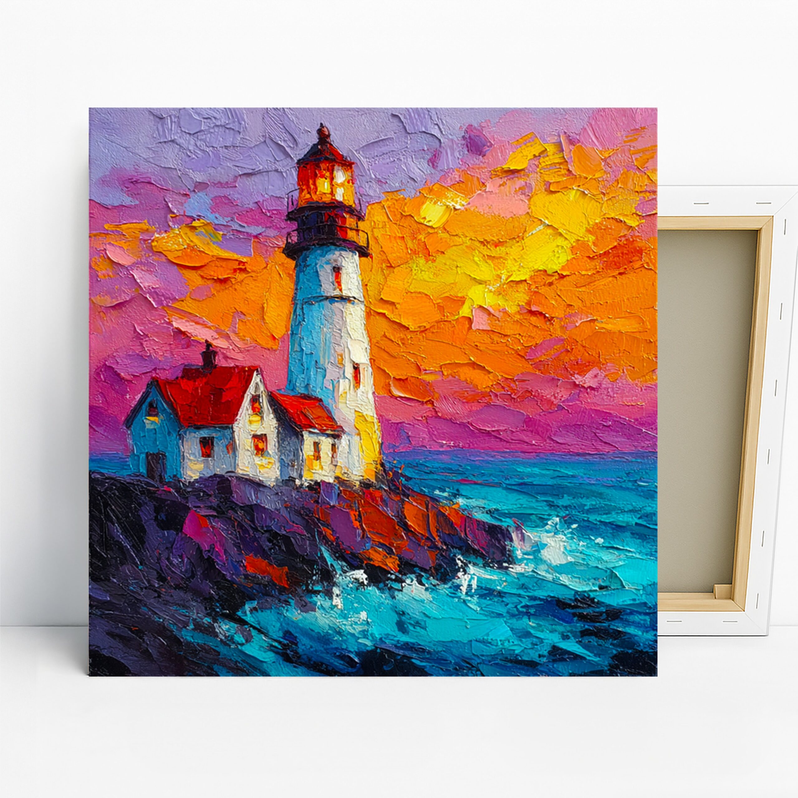 Lighthouse Art, Canvas or Poster, Impressionism Coastal Decor, Living Room Bedroom Office Dining Room Wall Art, Blue Orange Yellow Red