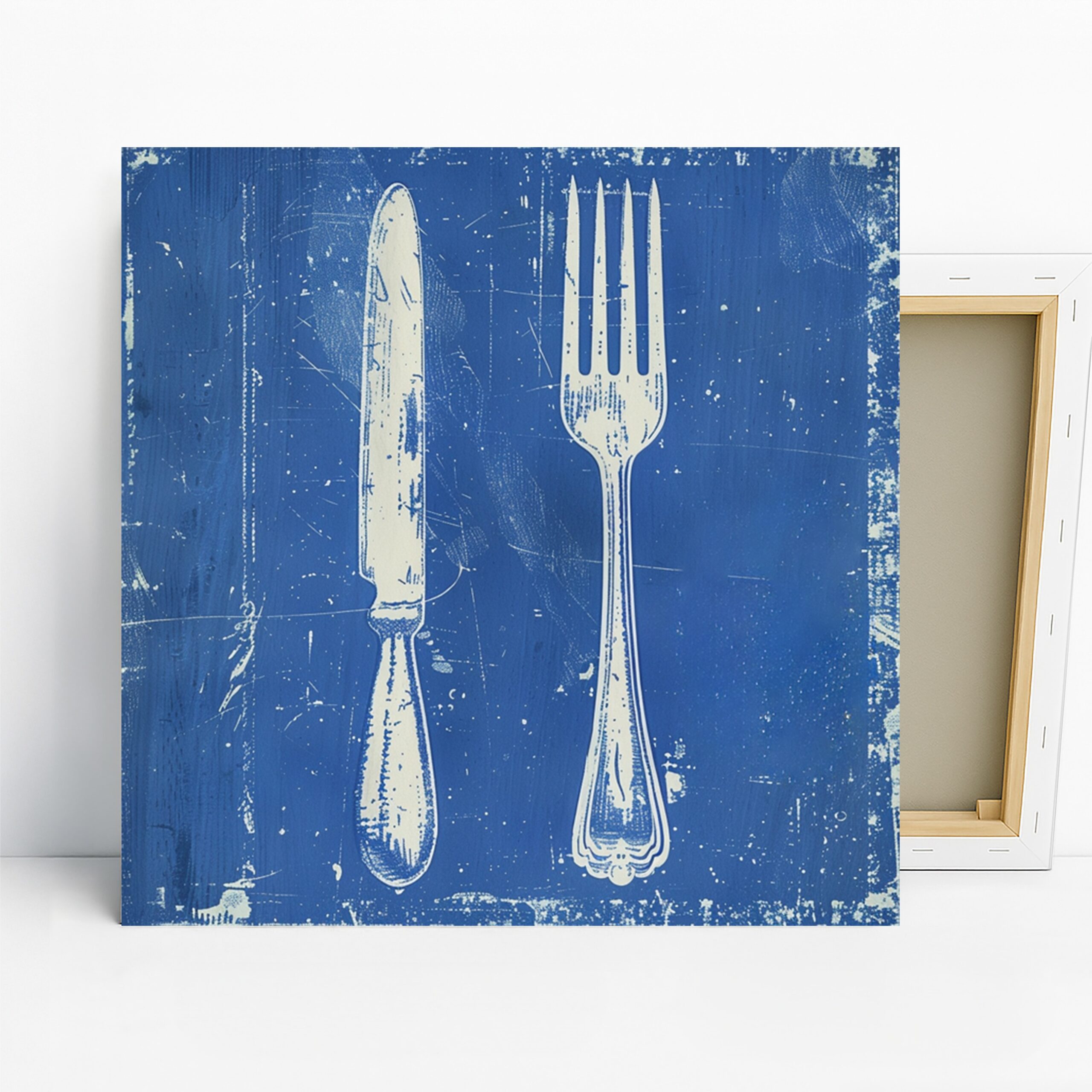Vintage Knife and Fork Art, Canvas or Poster, Rustic Farmhouse Decor, Kitchen Dining Room Cafe Wall Art, Blue and White, Retro Still Life 