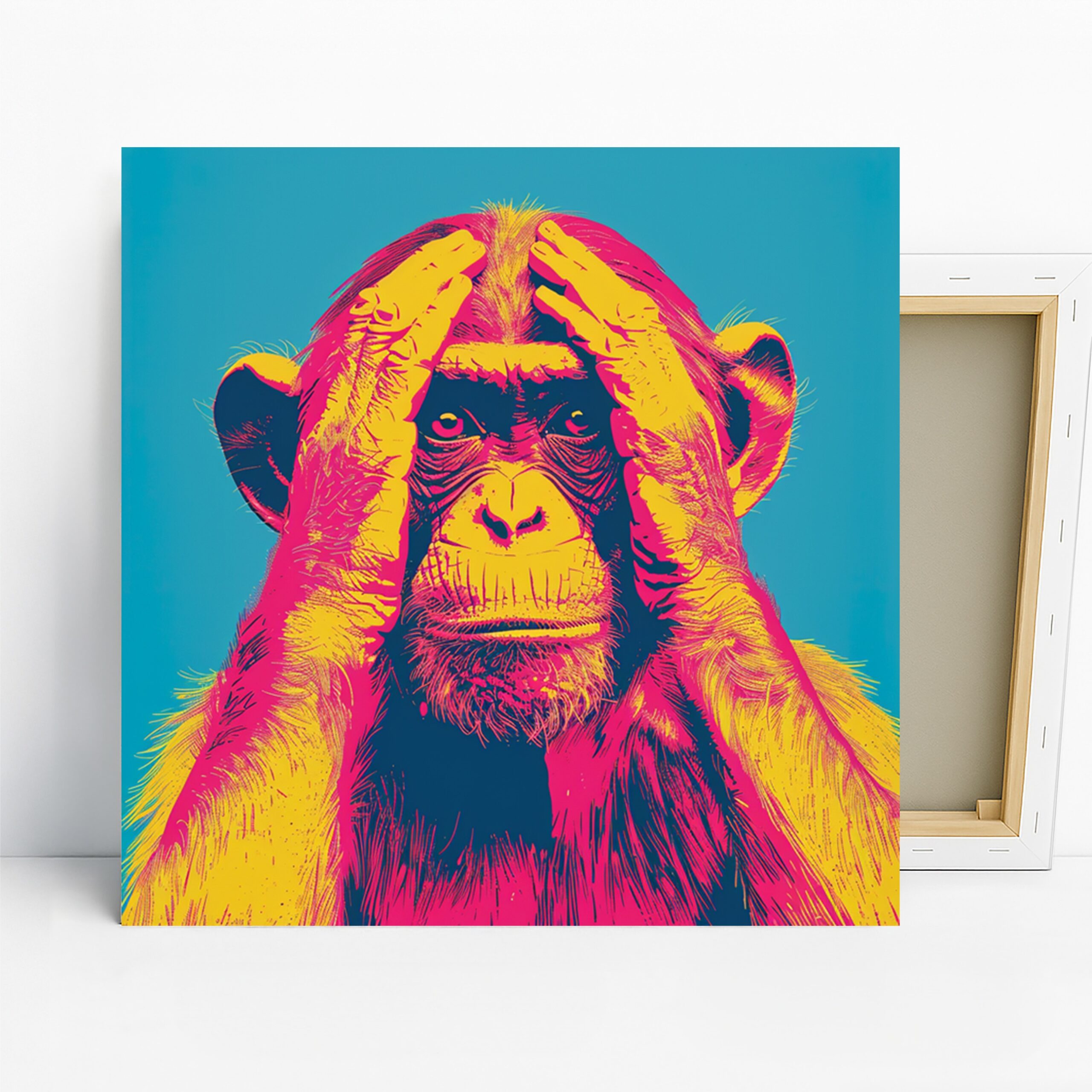 Chimpanzee Art, Canvas or Poster, Pop Art Modern Decor, Living Room Office Game Room Wall Art, Pink Yellow Blue Black