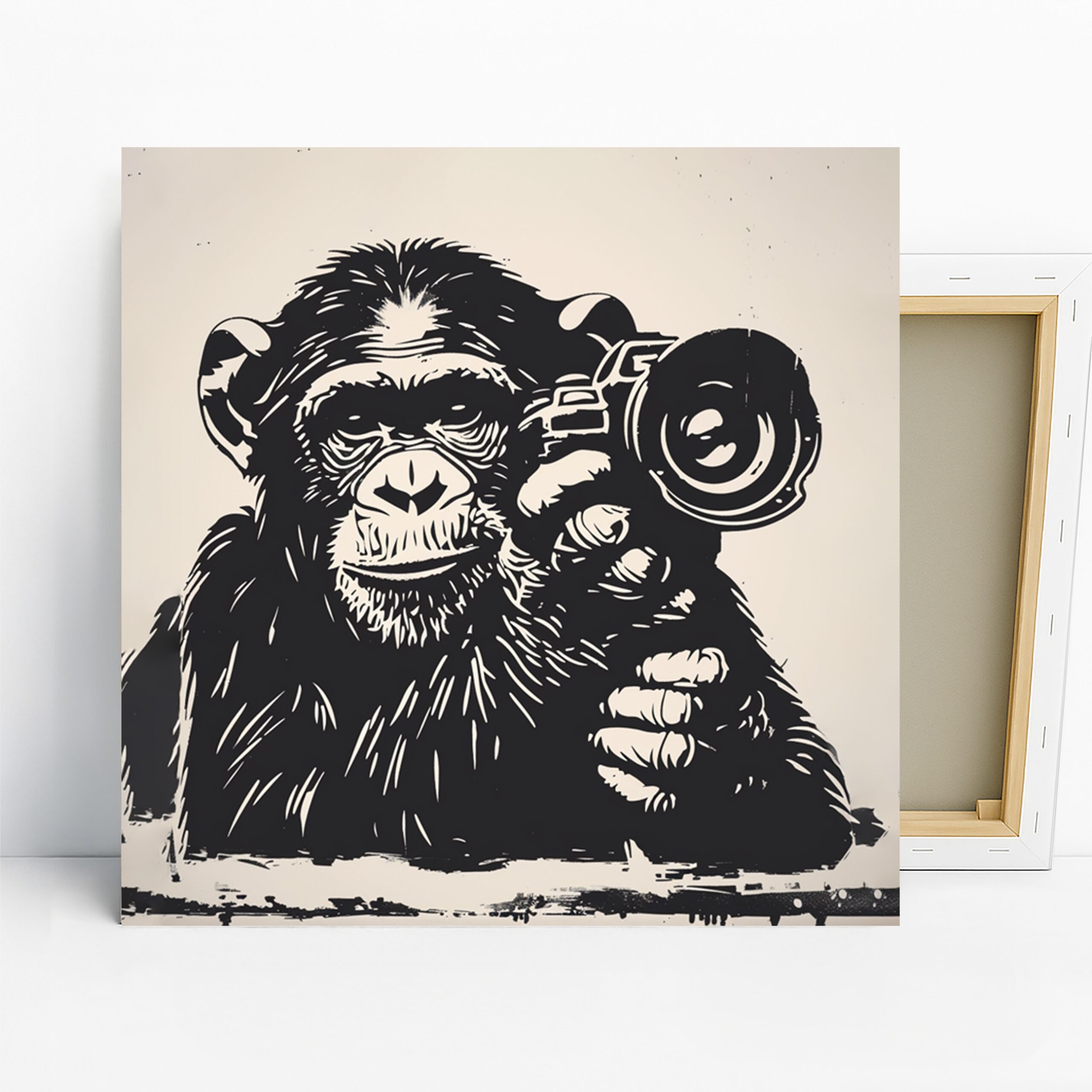 Chimpanzee Art, Canvas or Poster, Contemporary Urban Decor, Living Room Office Game Room Wall Art, Black and White, Animal Wall Art