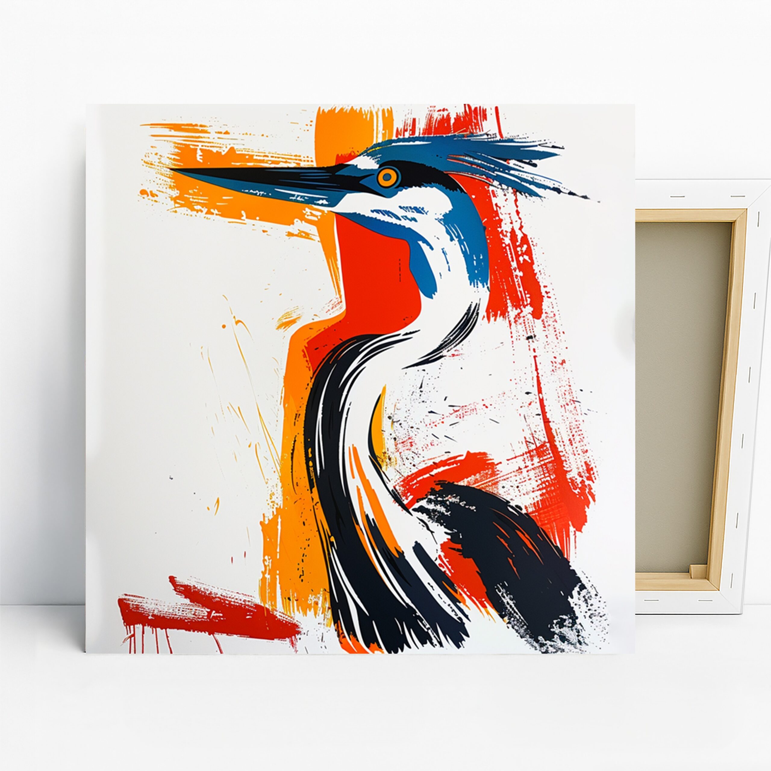 Heron Art, Canvas or Poster, Abstract Contemporary Decor, Living Room Office Bedroom Dining Room Wall Art, Blue Orange Red and White