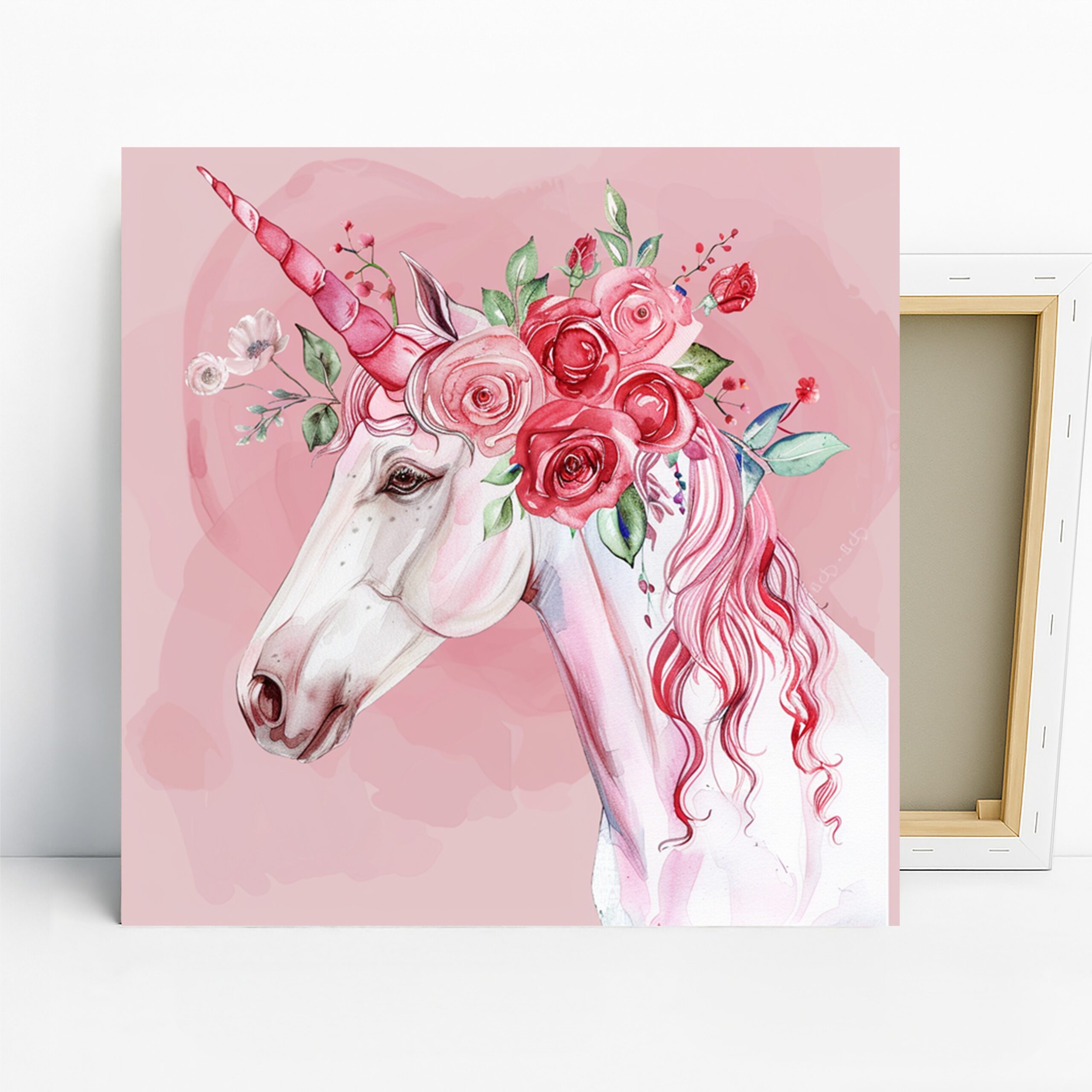 Unicorn Floral Crown Art, Canvas or Poster, Whimsical Nature Decor, Nursery Bedroom Girls Room Wall Art, Pink White Green Red