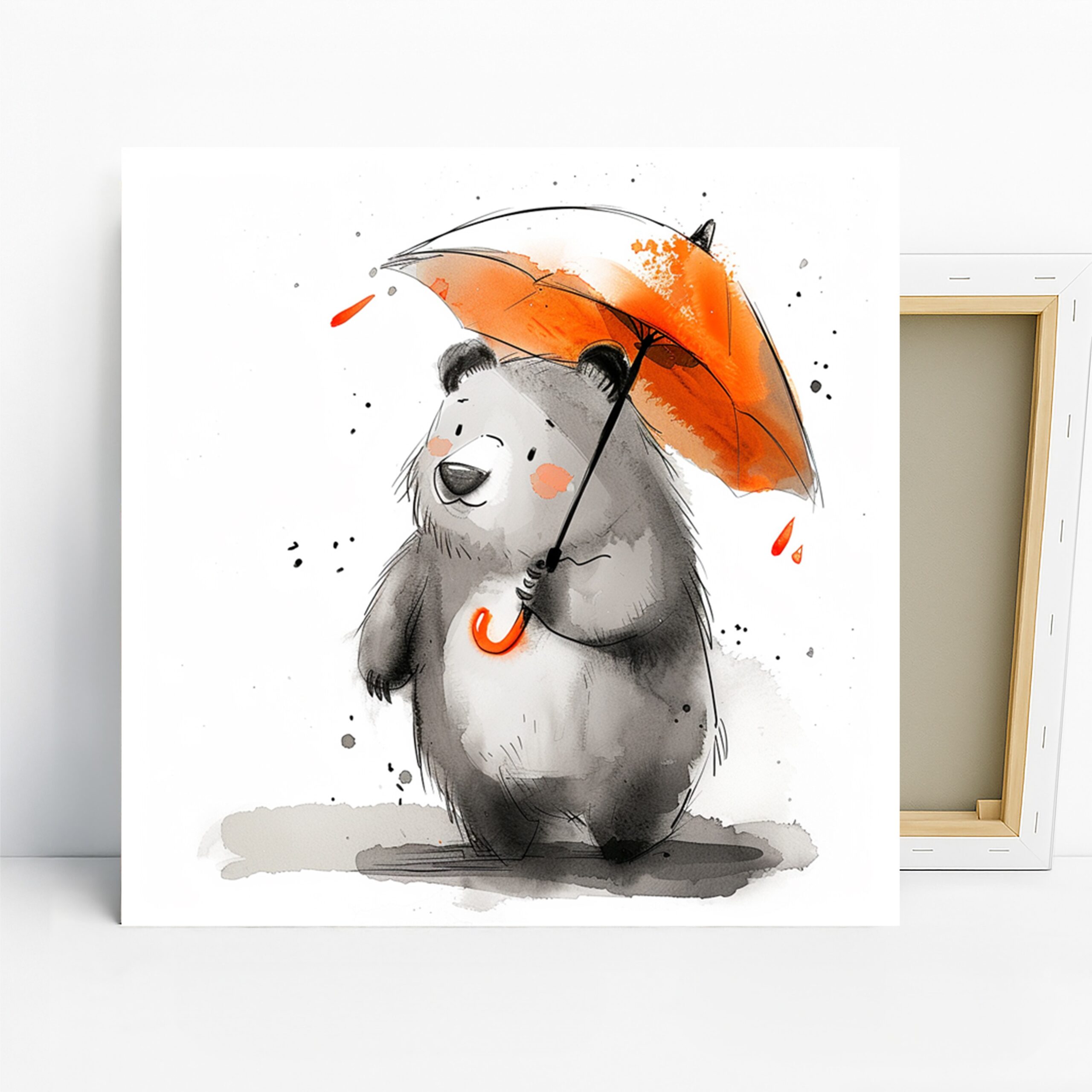 Bear Umbrella Art, Canvas or Poster, Whimsical Contemporary Decor, Children’s Room Nursery Living Room Wall Art, Grey Orange White
