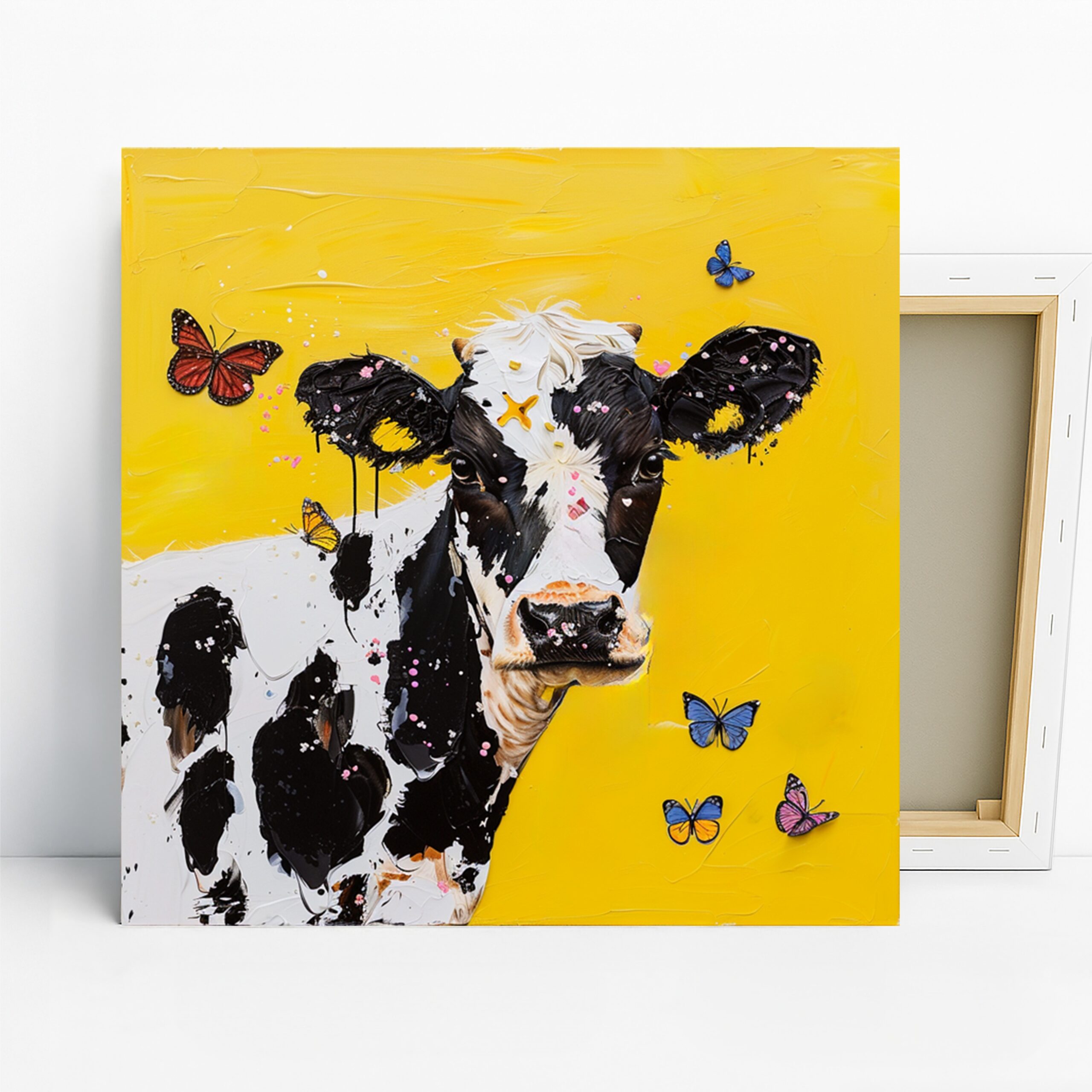 Cow and Butterfly Art, Canvas or Poster, Contemporary Decor, Living Room Kitchen Dining Children's Room Wall Art, Yellow Black White Blue