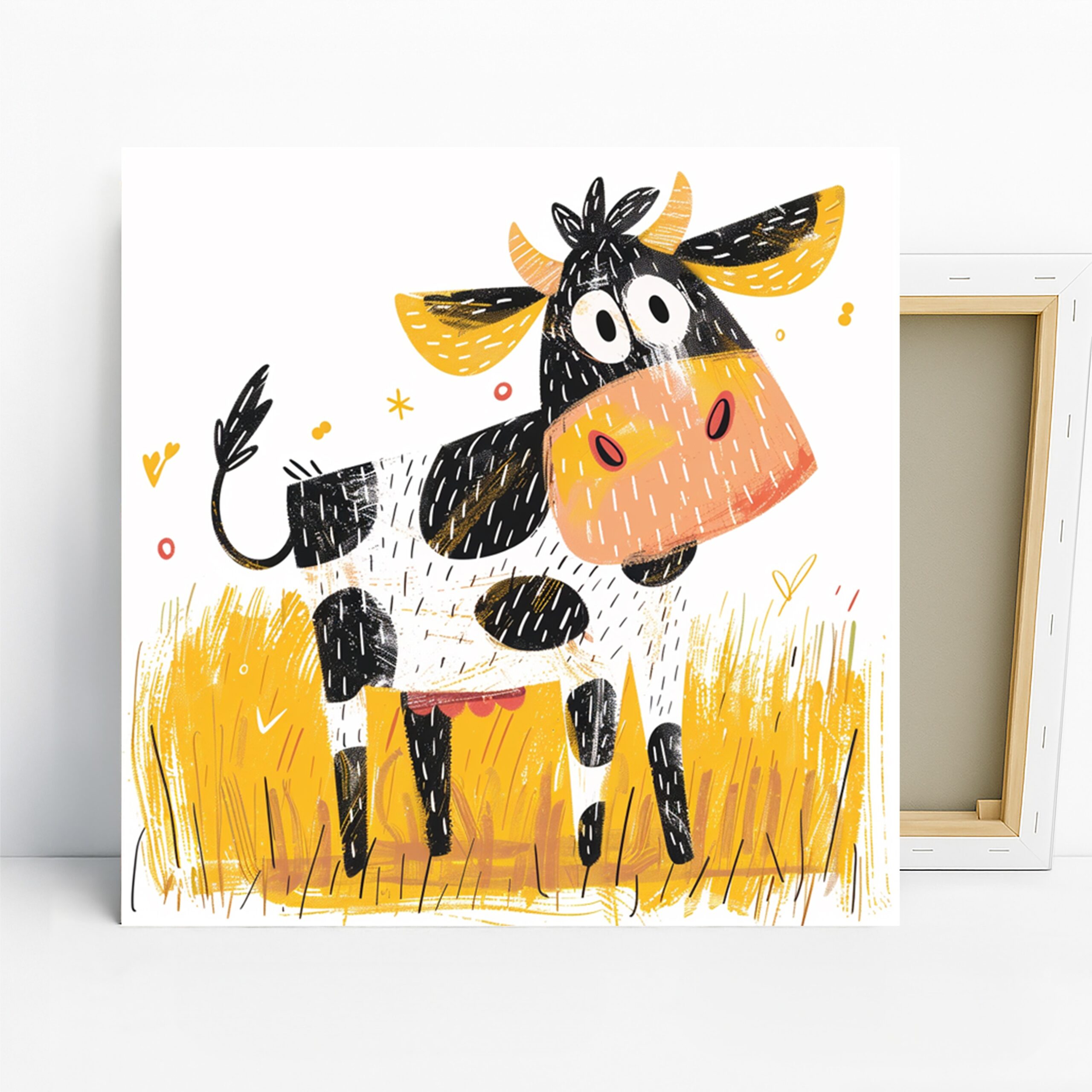 Cow Art, Canvas or Poster, Whimsical Farmhouse Decor, Children's Room Nursery Kitchen Living Room Wall Art, Black Yellow White Orange
