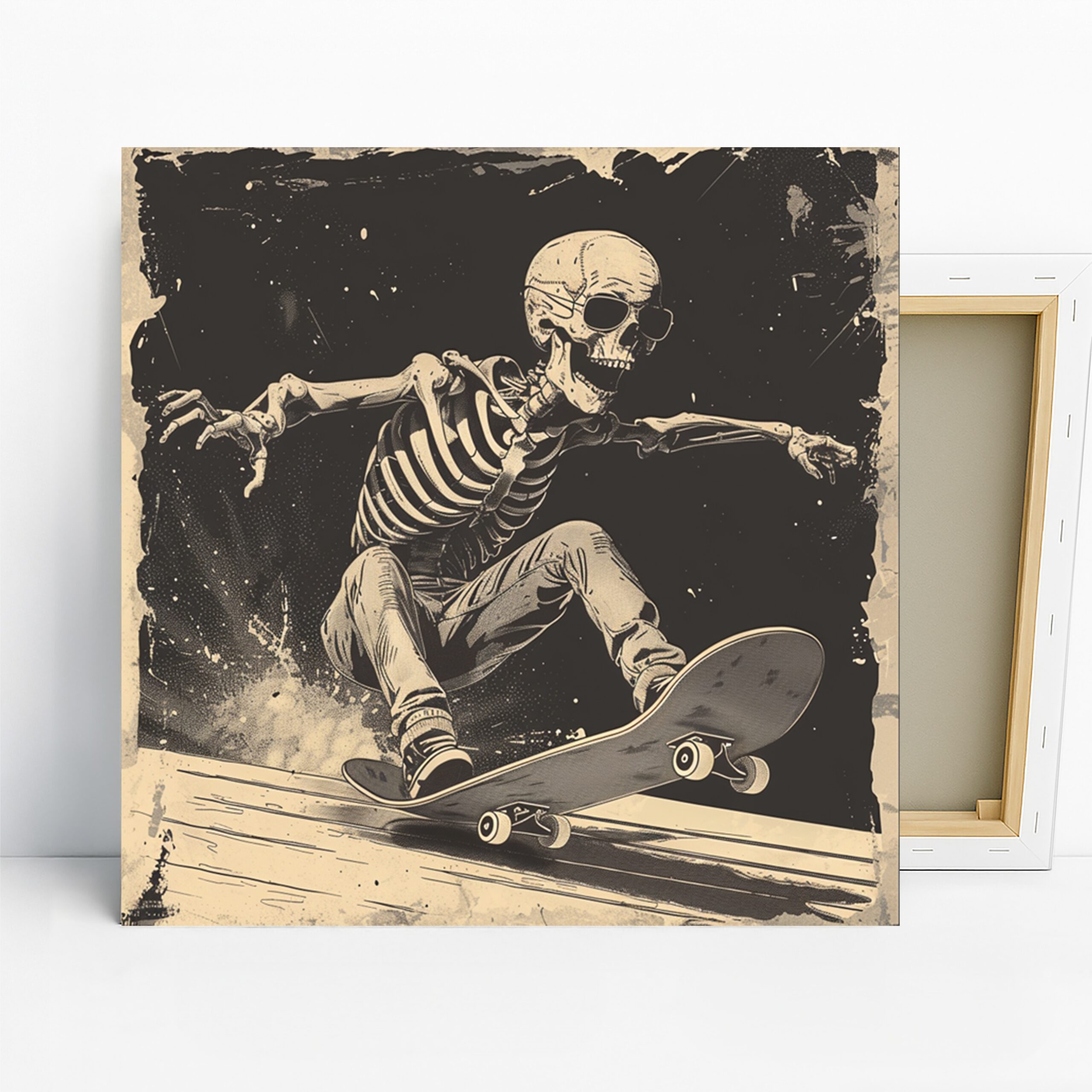 Skeleton Skateboard Art, Canvas or Poster, Street Pop Retro Decor, Game Room Home Gym Office Bedroom Wall Art, Black White Beige