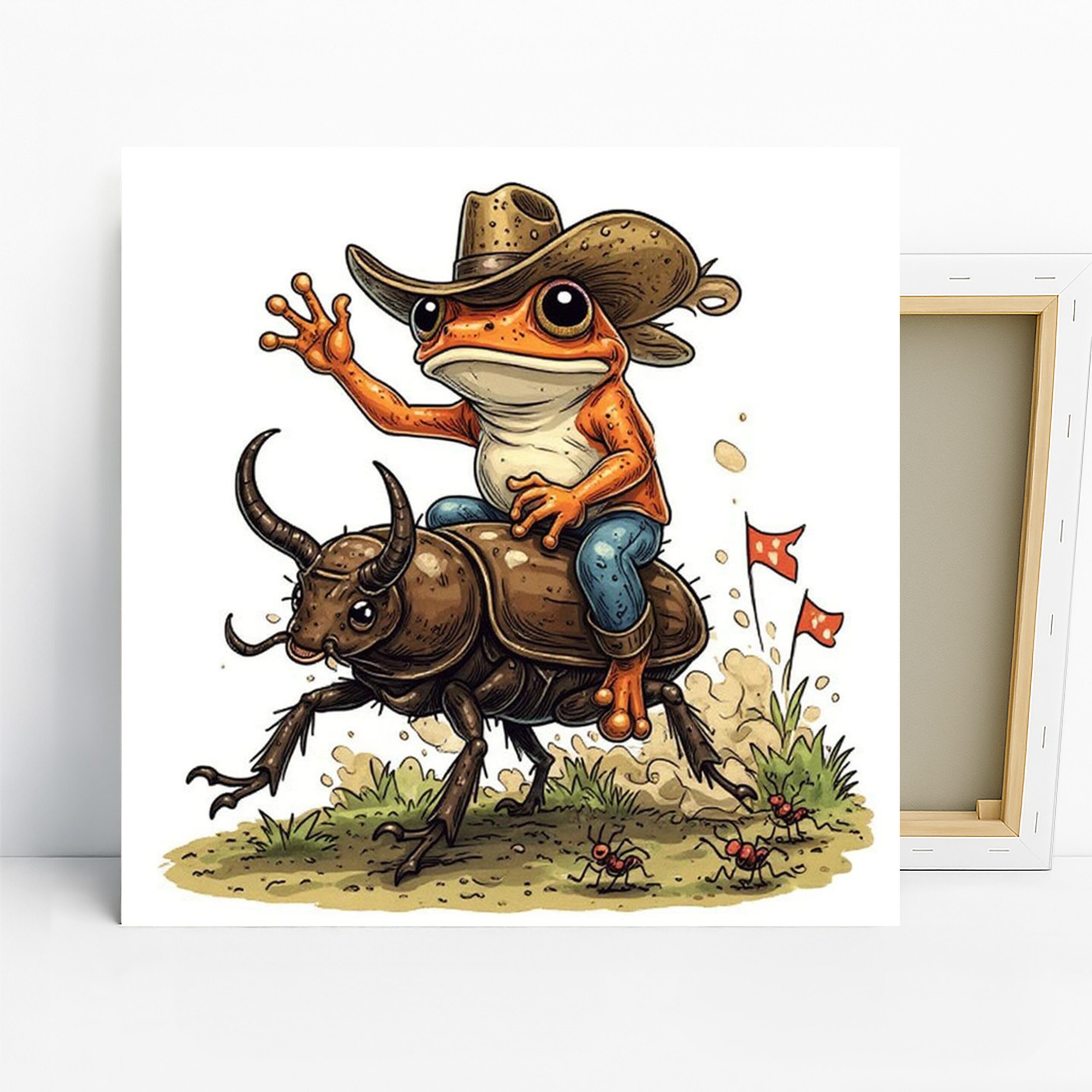 Cowboy Frog Art, Canvas or Poster, Whimsical Western Decor, Children’s Room Game Room Bedroom Wall Art, Orange Brown Blue Green