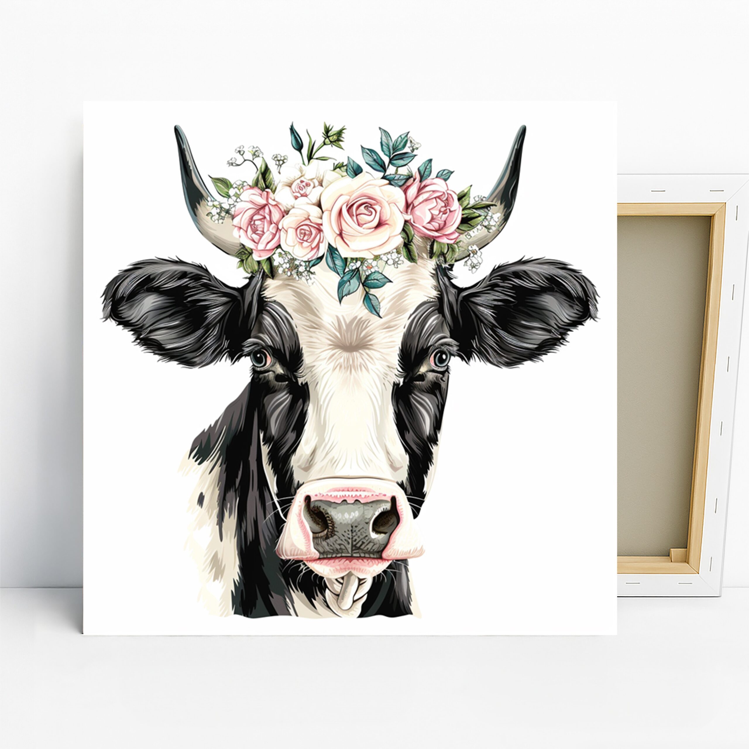 Cow Flower Crown Art, Canvas or Poster, Animal Floral Contemporary Decor, Living Room Bedroom Kitchen Wall Art, Black White Pink Green