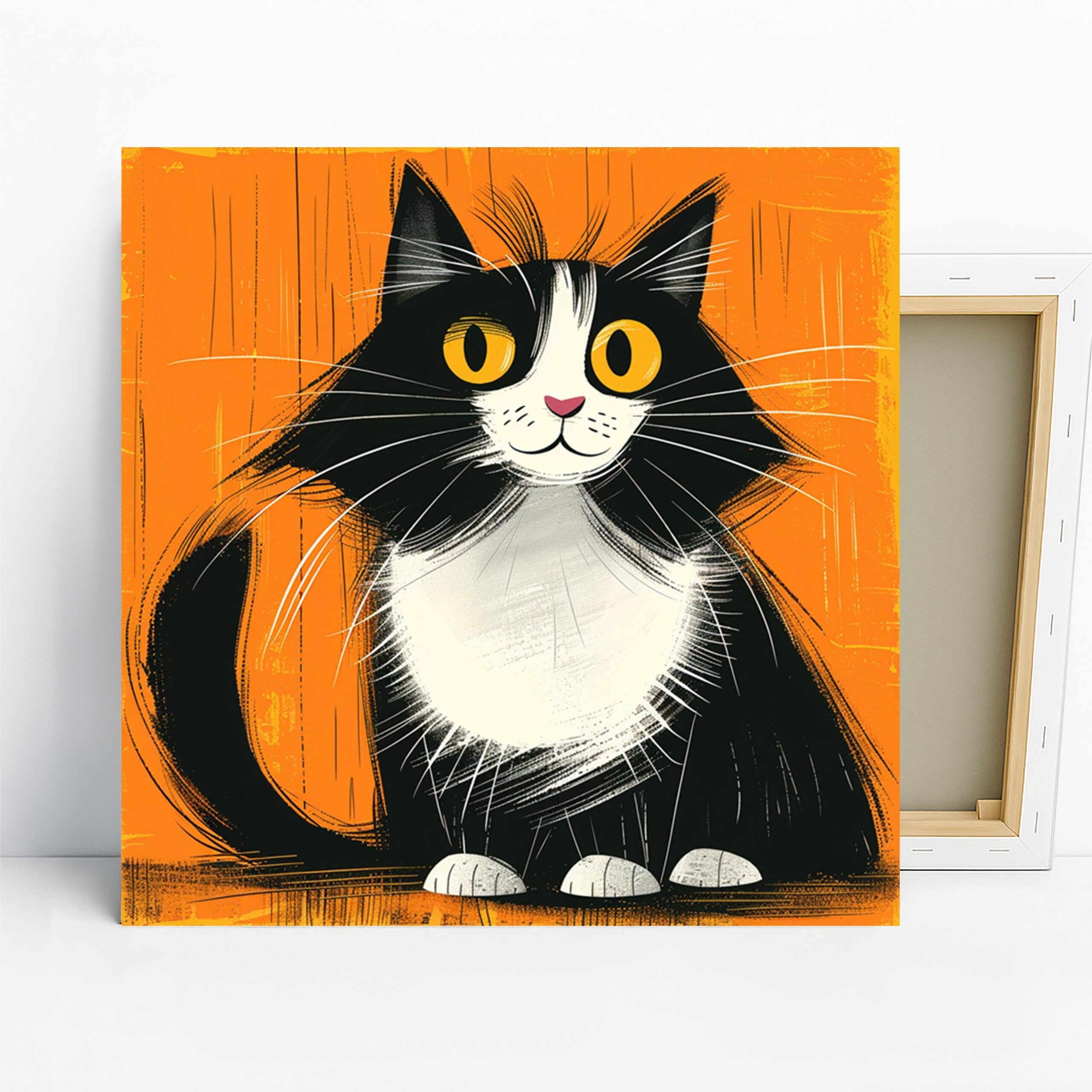 Tuxedo Cat Art, Canvas or Poster, Whimsical Modern Decor, Living Room Bedroom Children’s Room Office Wall Art, Black White Orange Yellow