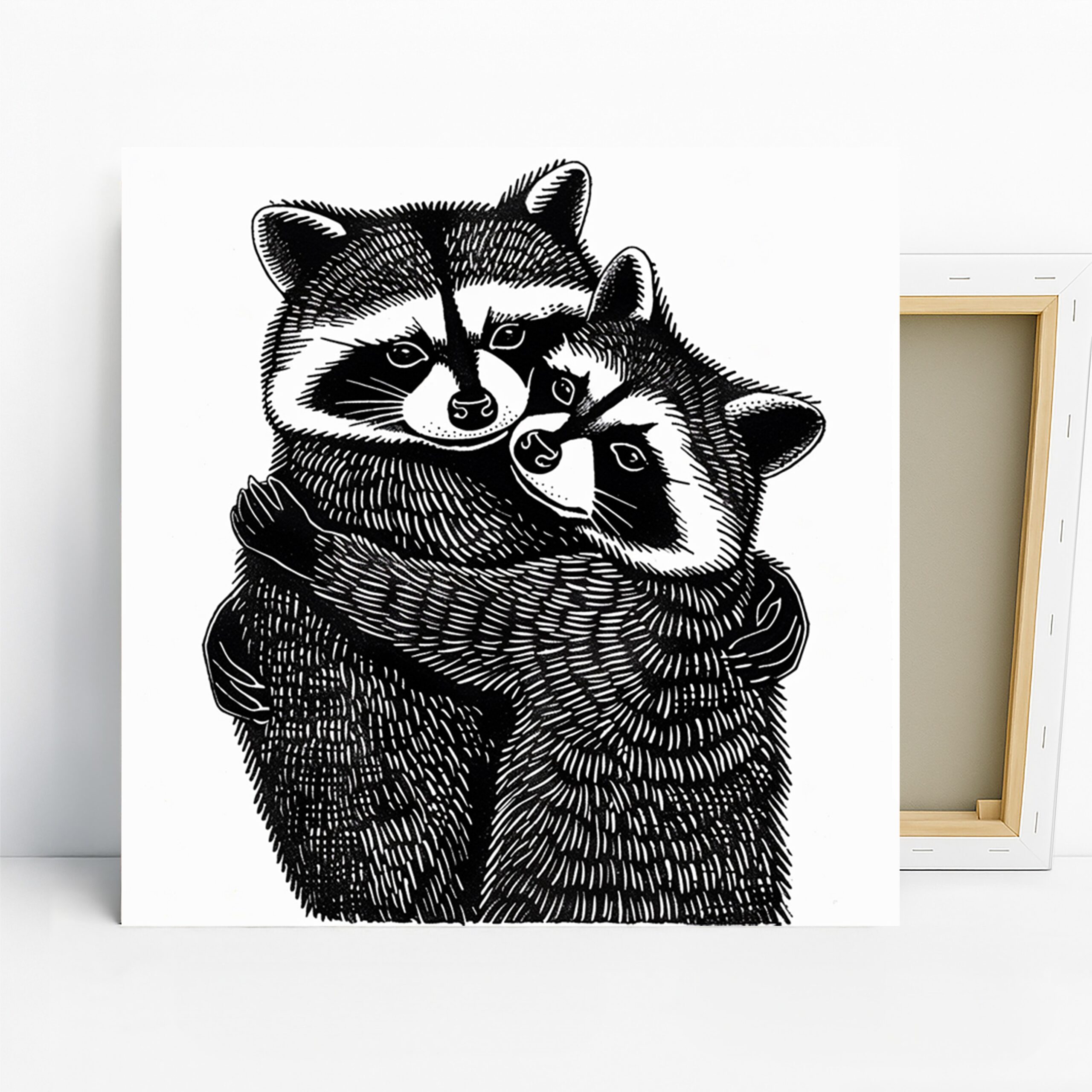 Raccoon Hug Art, Canvas or Poster, Whimsical Rustic Decor, Living Room Bedroom Nursery Office Wall Art, Black White Grey Animal Print