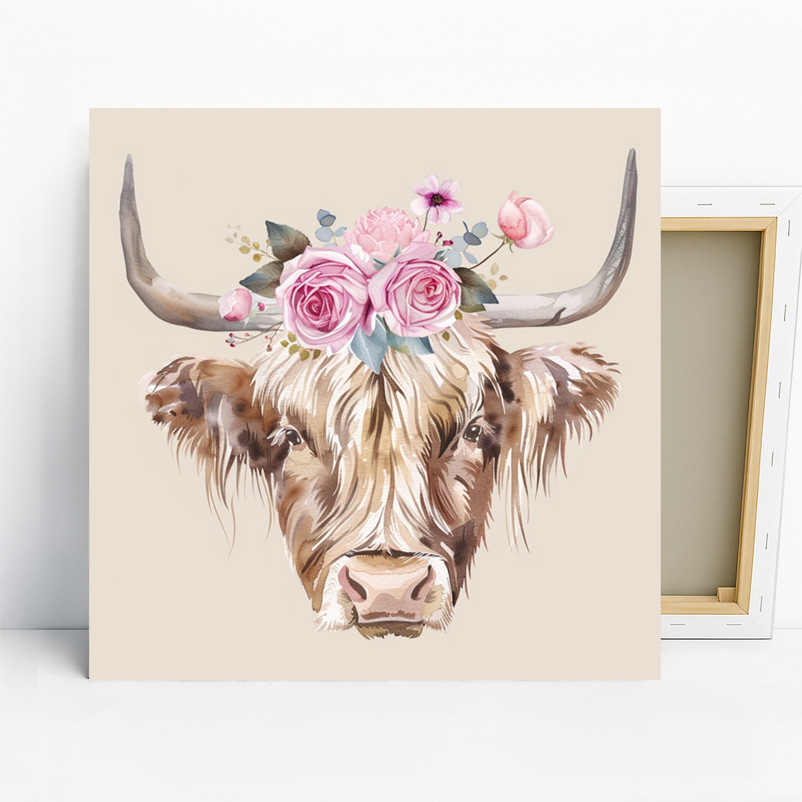 Highland Cow Art, Canvas or Poster, Whimsical Rustic Decor, Living Room Bedroom Nursery Wall Art, Pink Brown Green and White