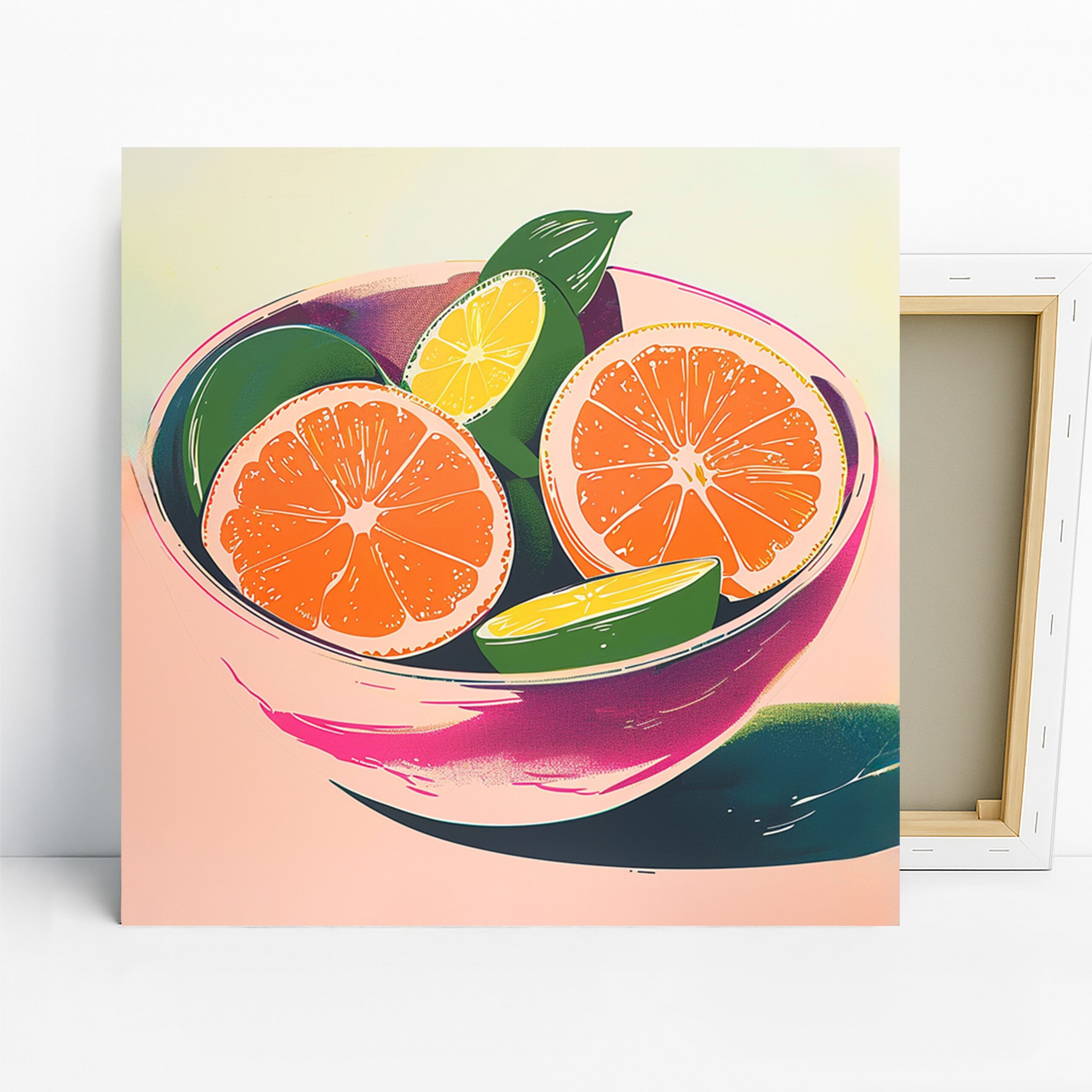 Citrus Bowl Art, Canvas or Poster, Retro Pop Art Minimalist Decor, Kitchen Dining Room Living Room Wall Art, Orange Green Yellow Pink